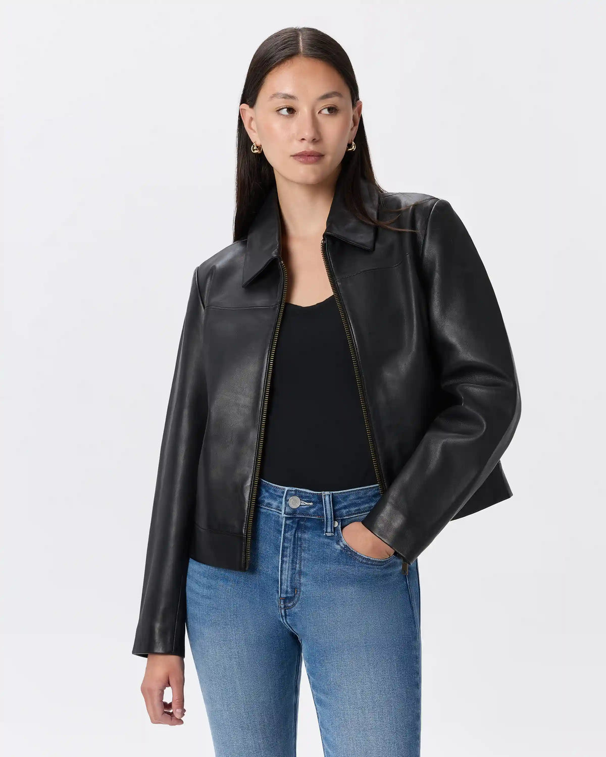100% Leather Cropped Zip-Front Jacket