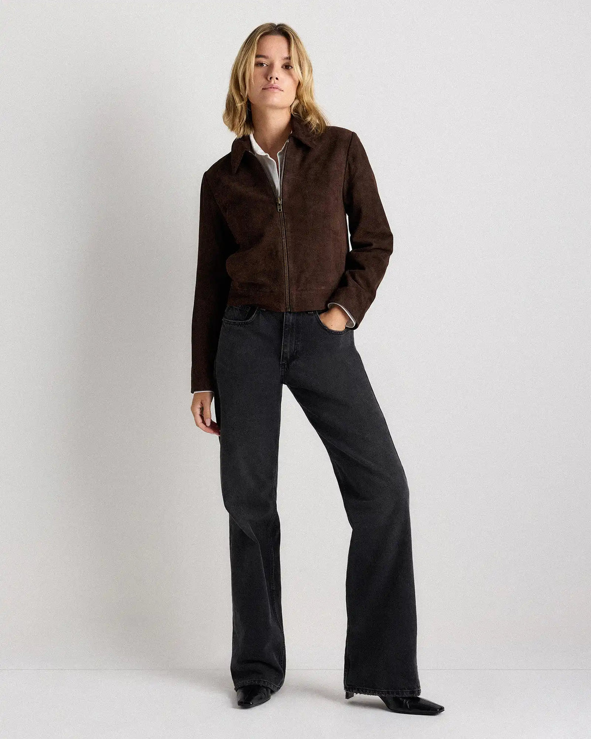 100% Suede Cropped Zip-Front Jacket