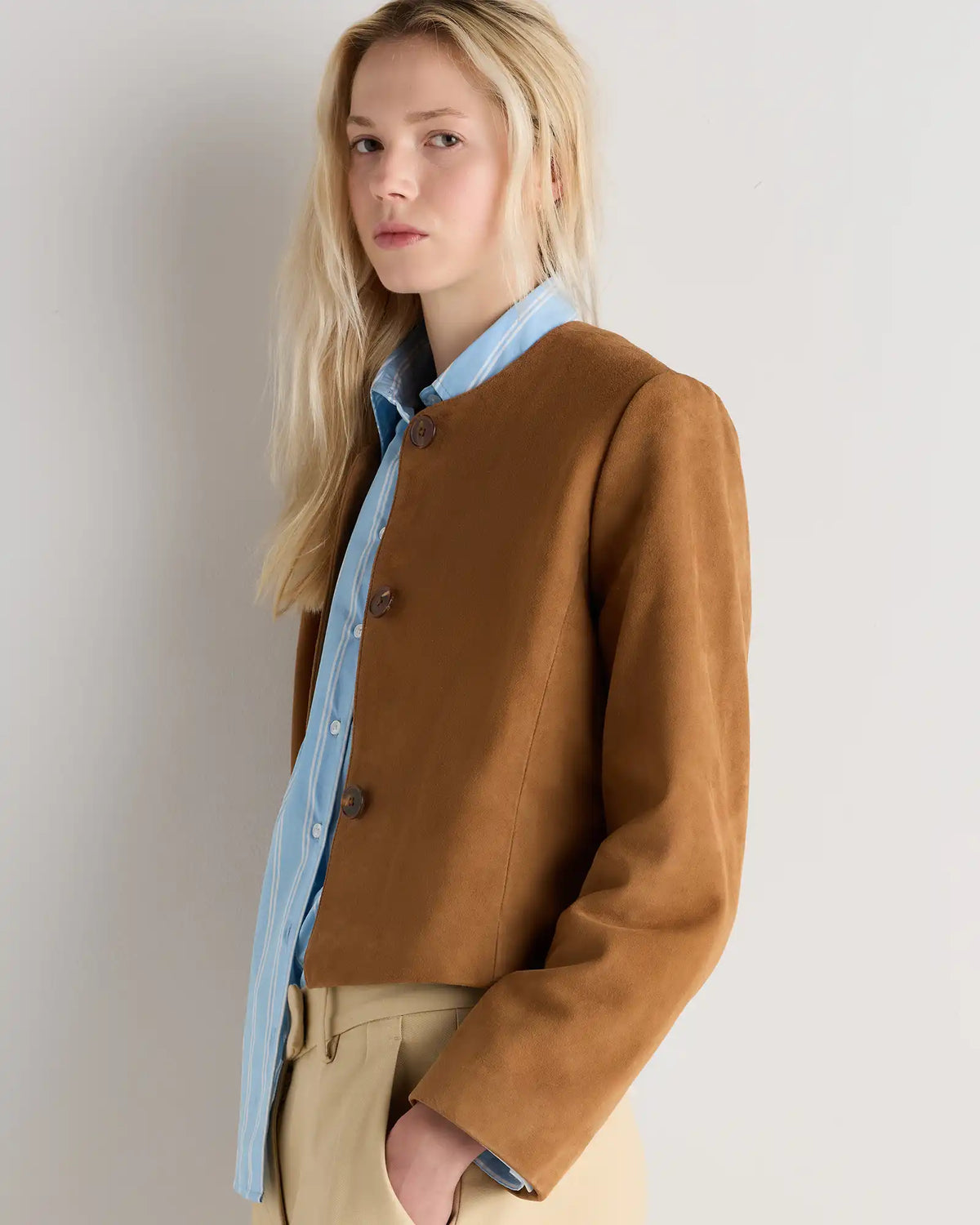 100% Suede Collarless Cropped Jacket