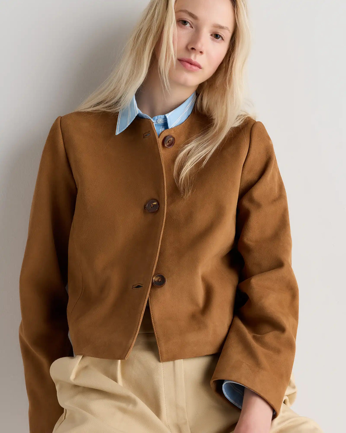 100% Suede Collarless Cropped Jacket