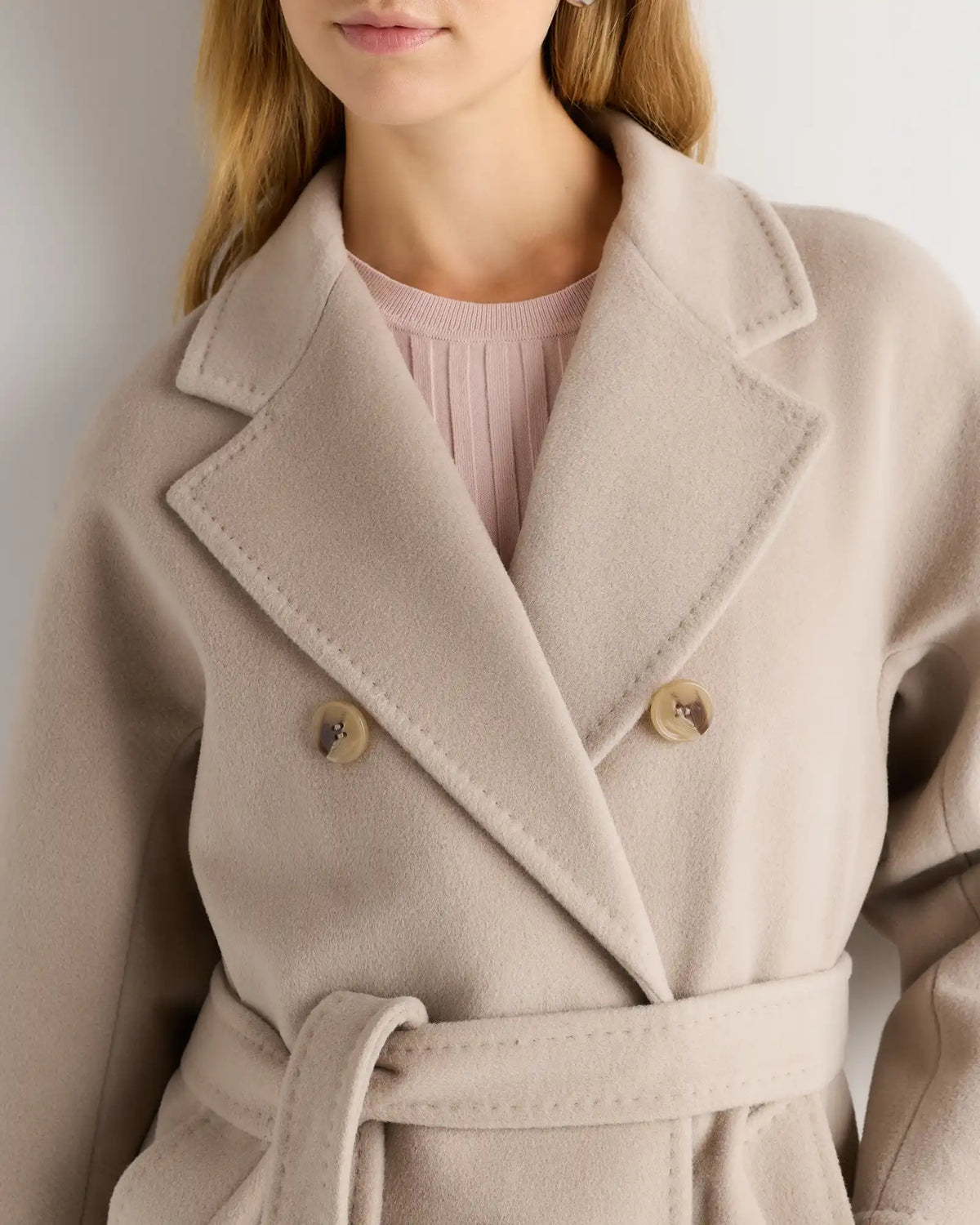 Wool Cashmere Double-Breasted Belted Long Coat