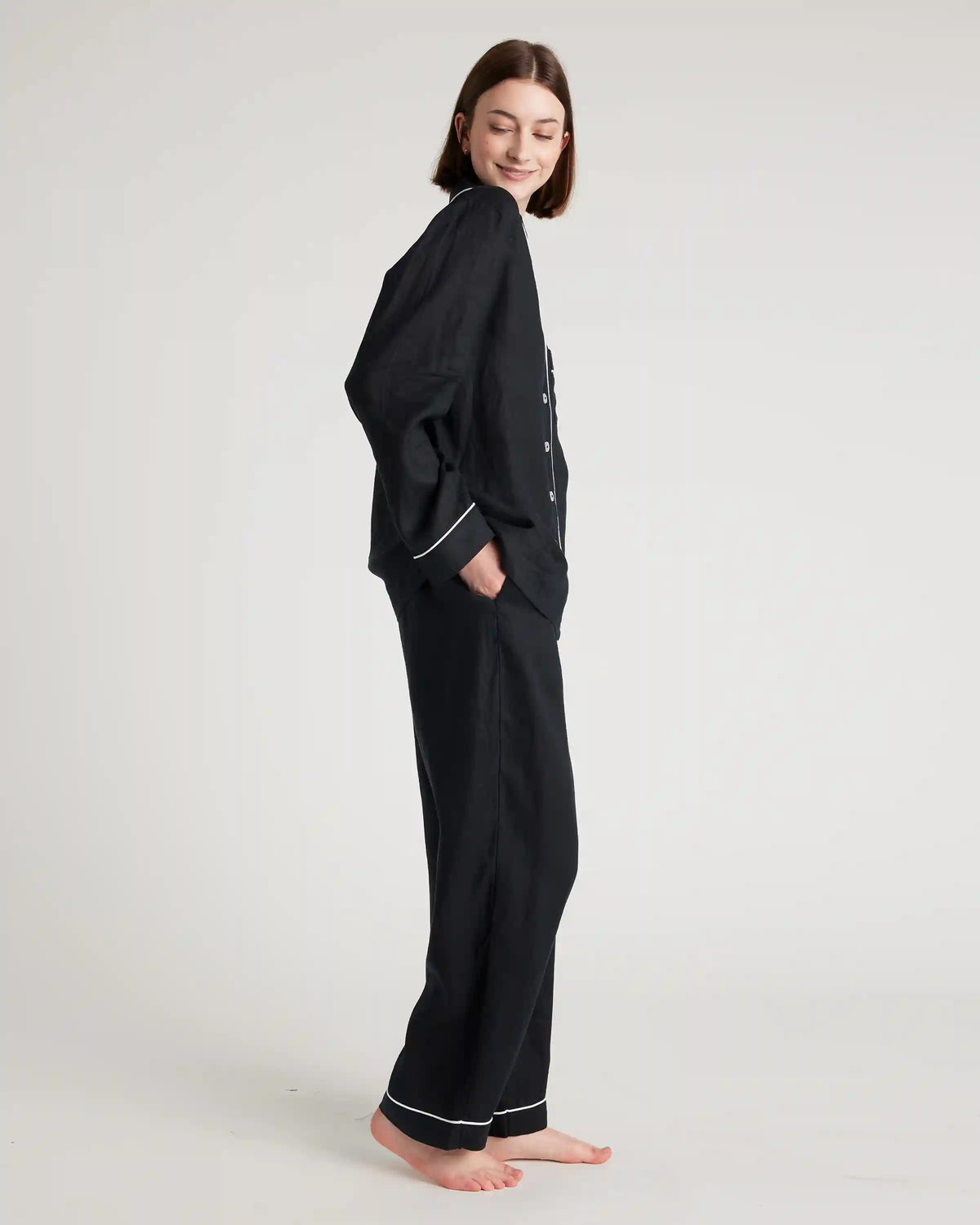 100% European Linen Long Sleeve Pajama Set with Piping