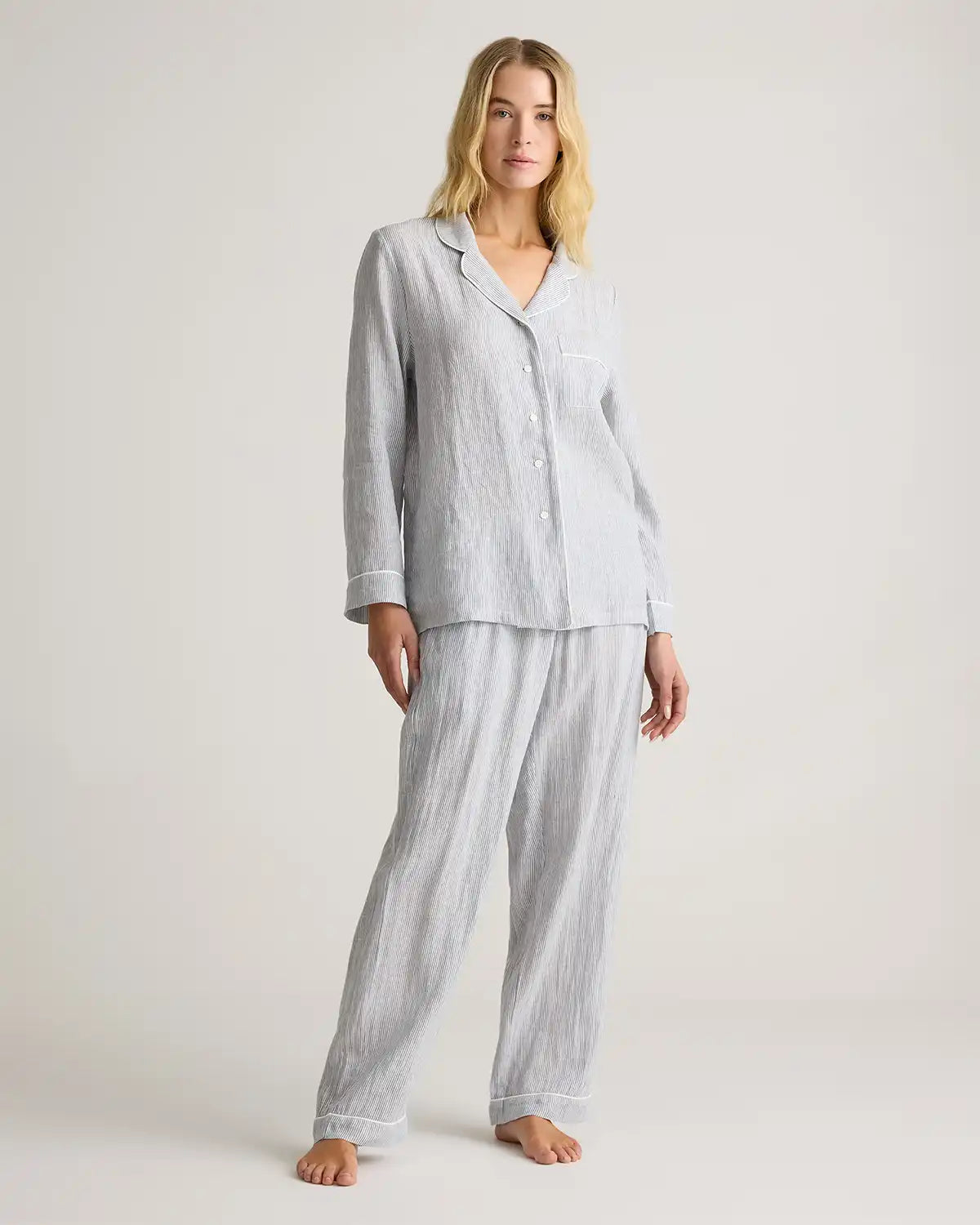 100% European Linen Long Sleeve Pajama Set with Piping
