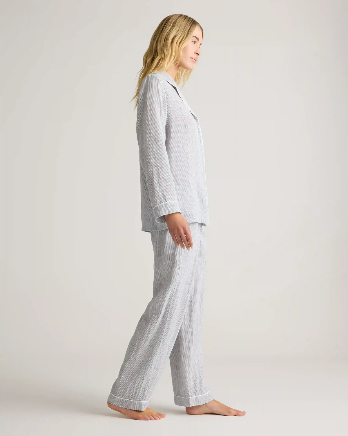 100% European Linen Long Sleeve Pajama Set with Piping