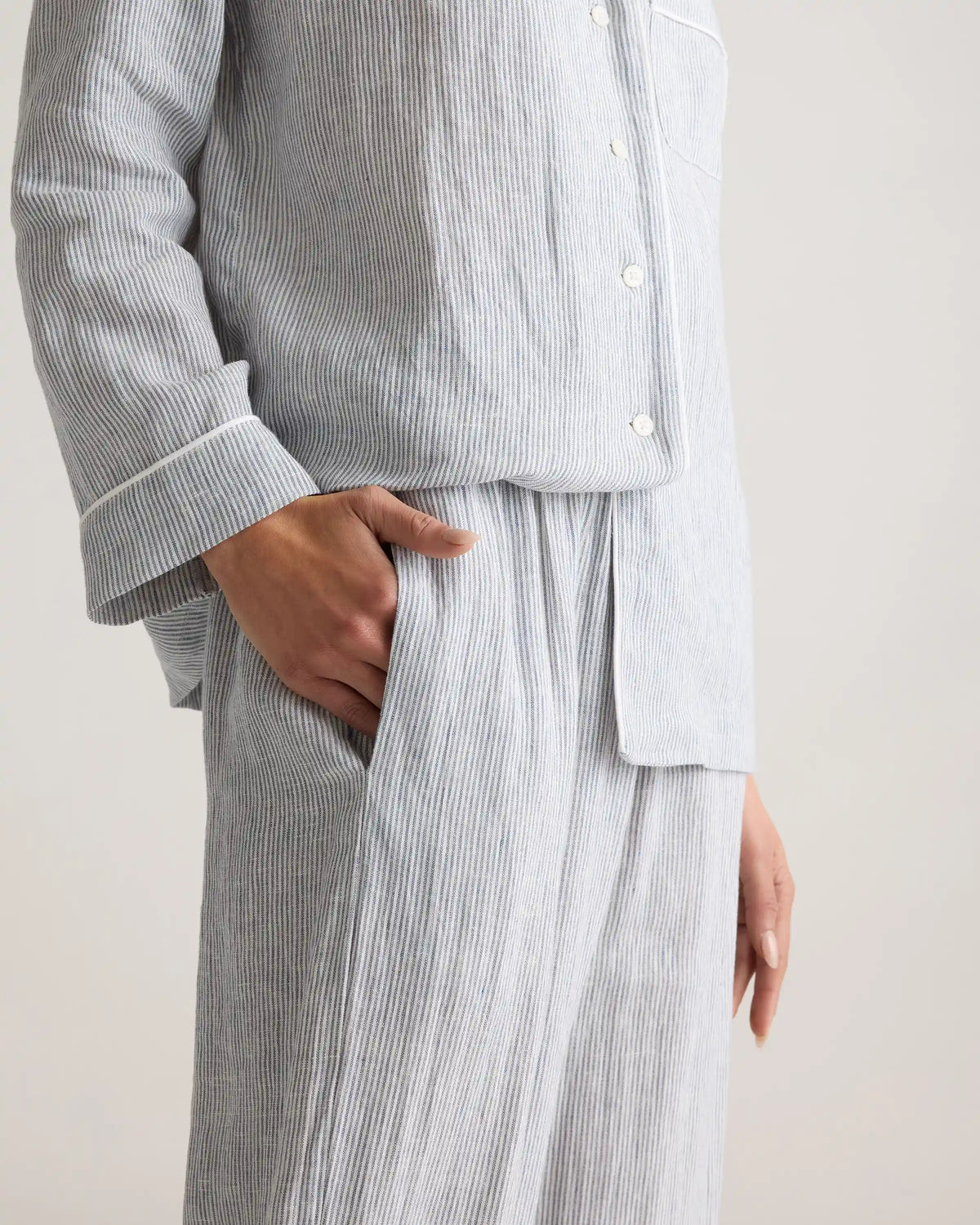 100% European Linen Long Sleeve Pajama Set with Piping