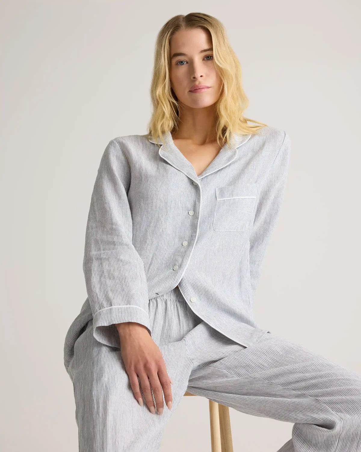 100% European Linen Long Sleeve Pajama Set with Piping