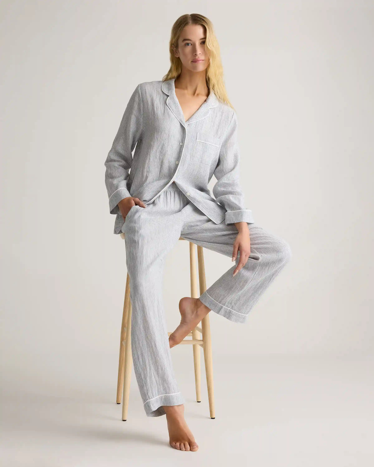 100% European Linen Long Sleeve Pajama Set with Piping
