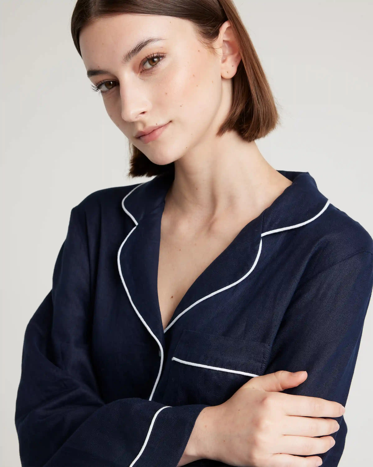100% European Linen Long Sleeve Pajama Set with Piping