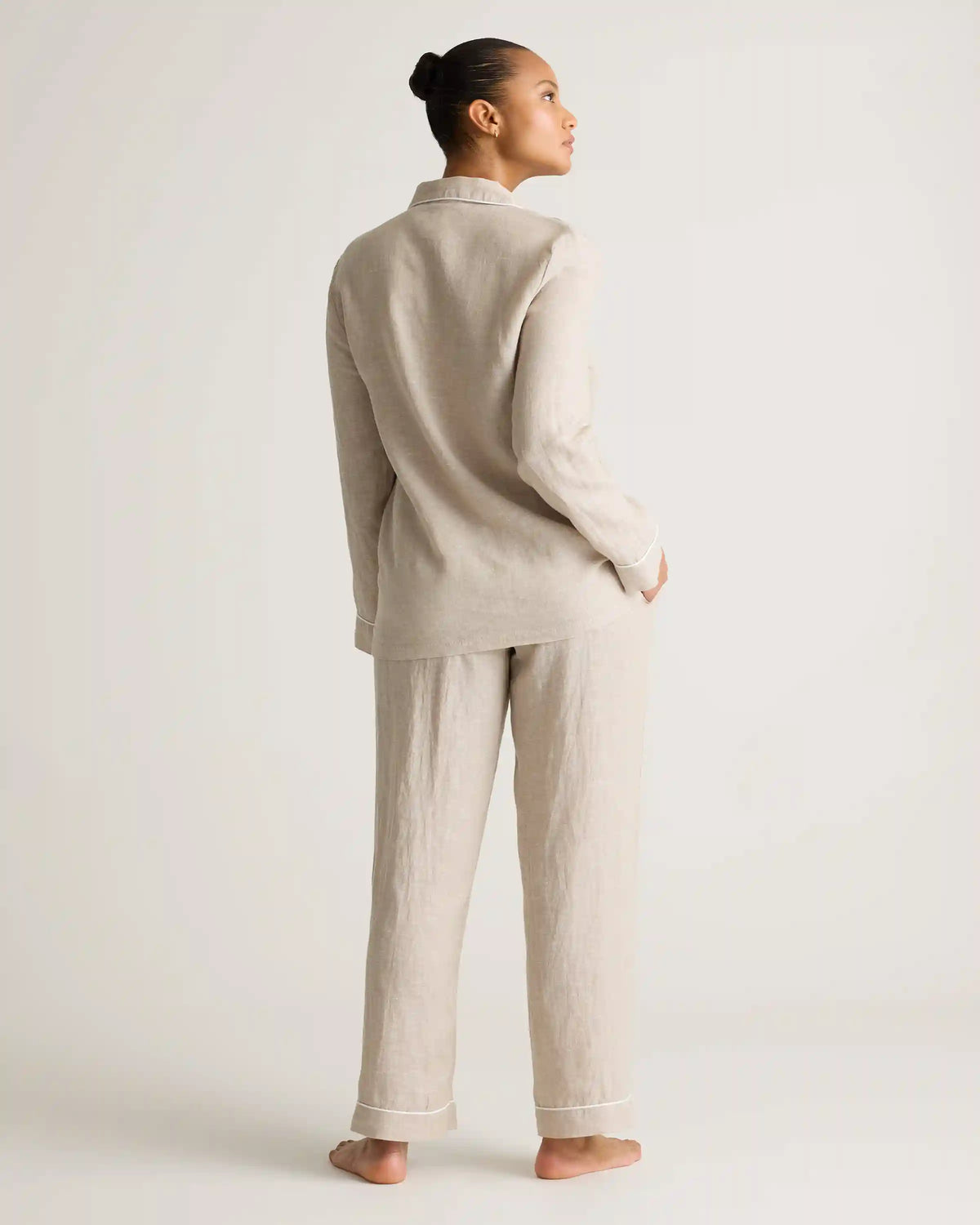 100% European Linen Long Sleeve Pajama Set with Piping