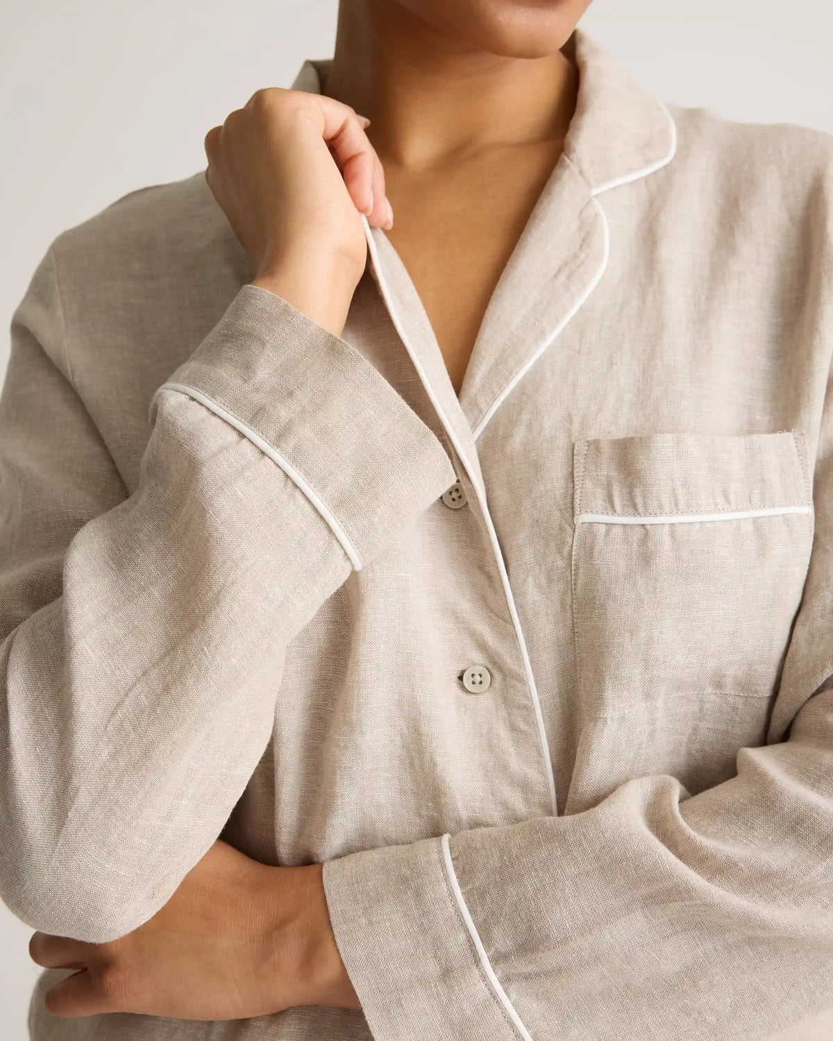 100% European Linen Long Sleeve Pajama Set with Piping