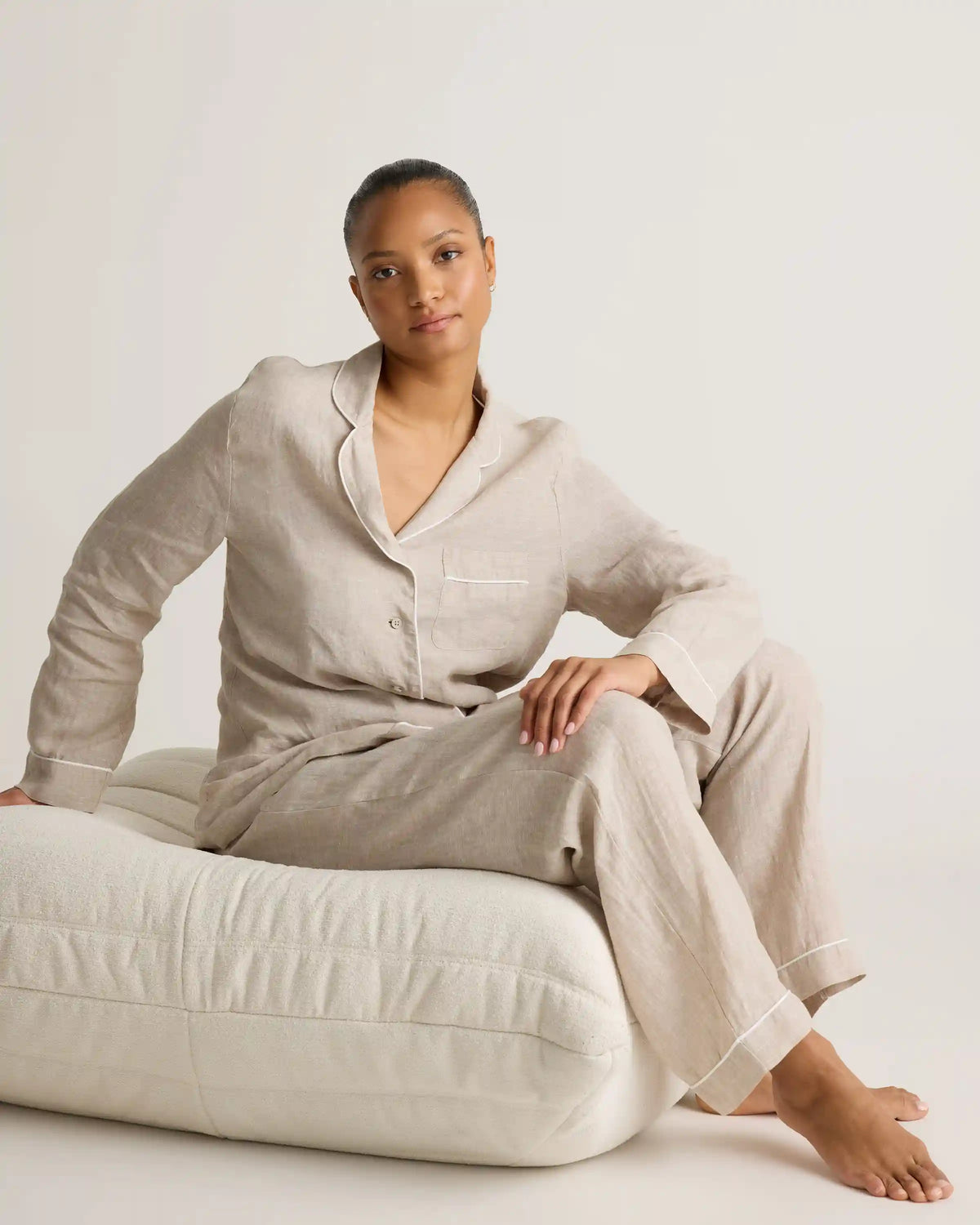 100% European Linen Long Sleeve Pajama Set with Piping
