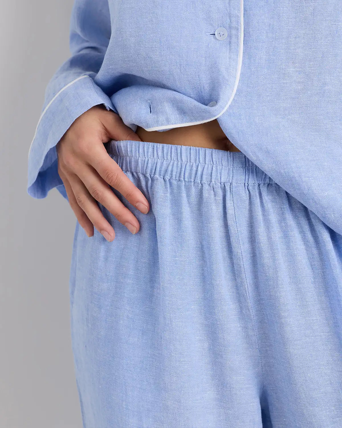 100% European Linen Long Sleeve Pajama Set with Piping