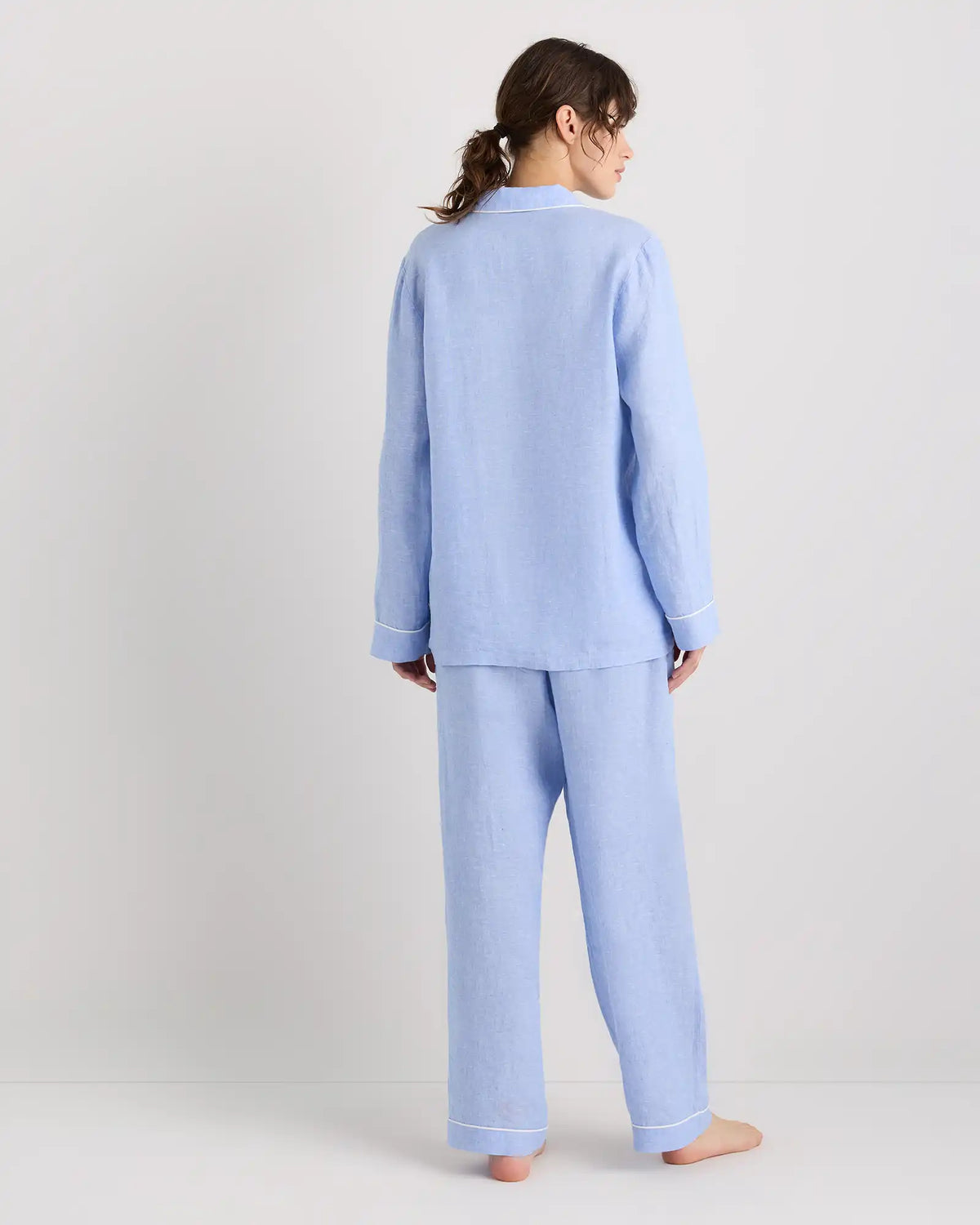 100% European Linen Long Sleeve Pajama Set with Piping