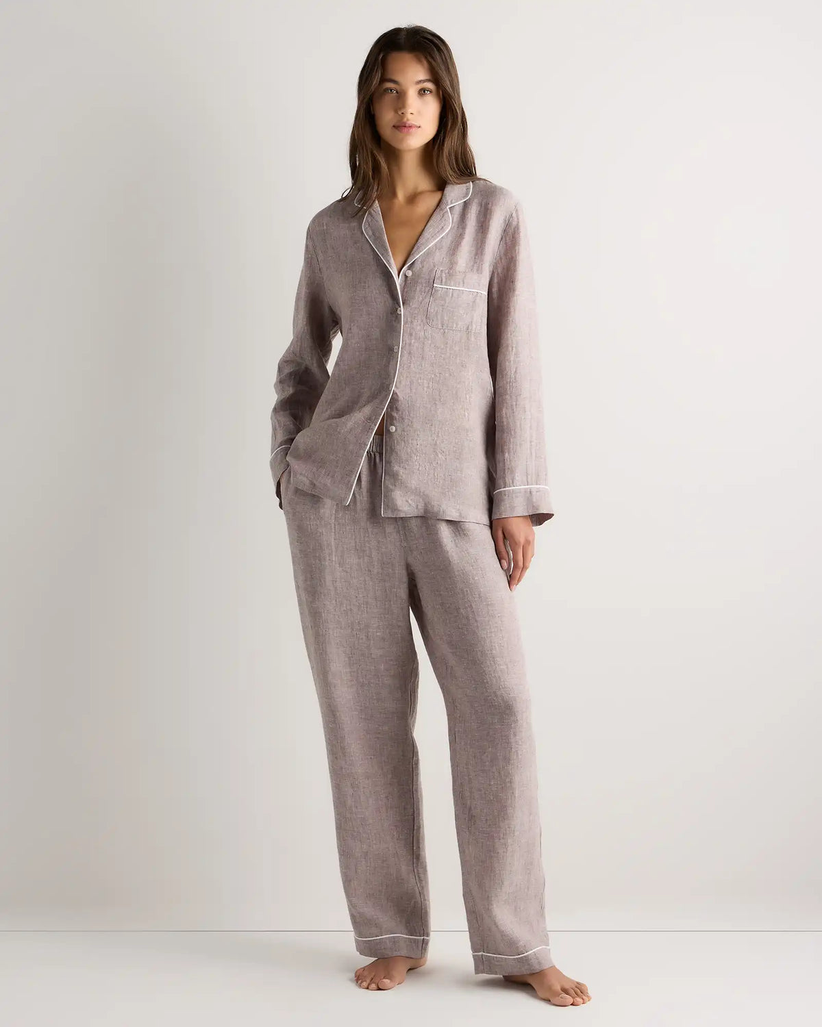 100% European Linen Long Sleeve Pajama Set with Piping