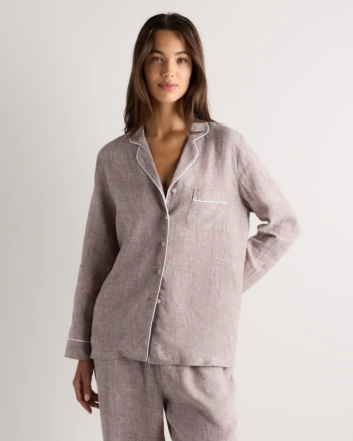 100% European Linen Long Sleeve Pajama Set with Piping