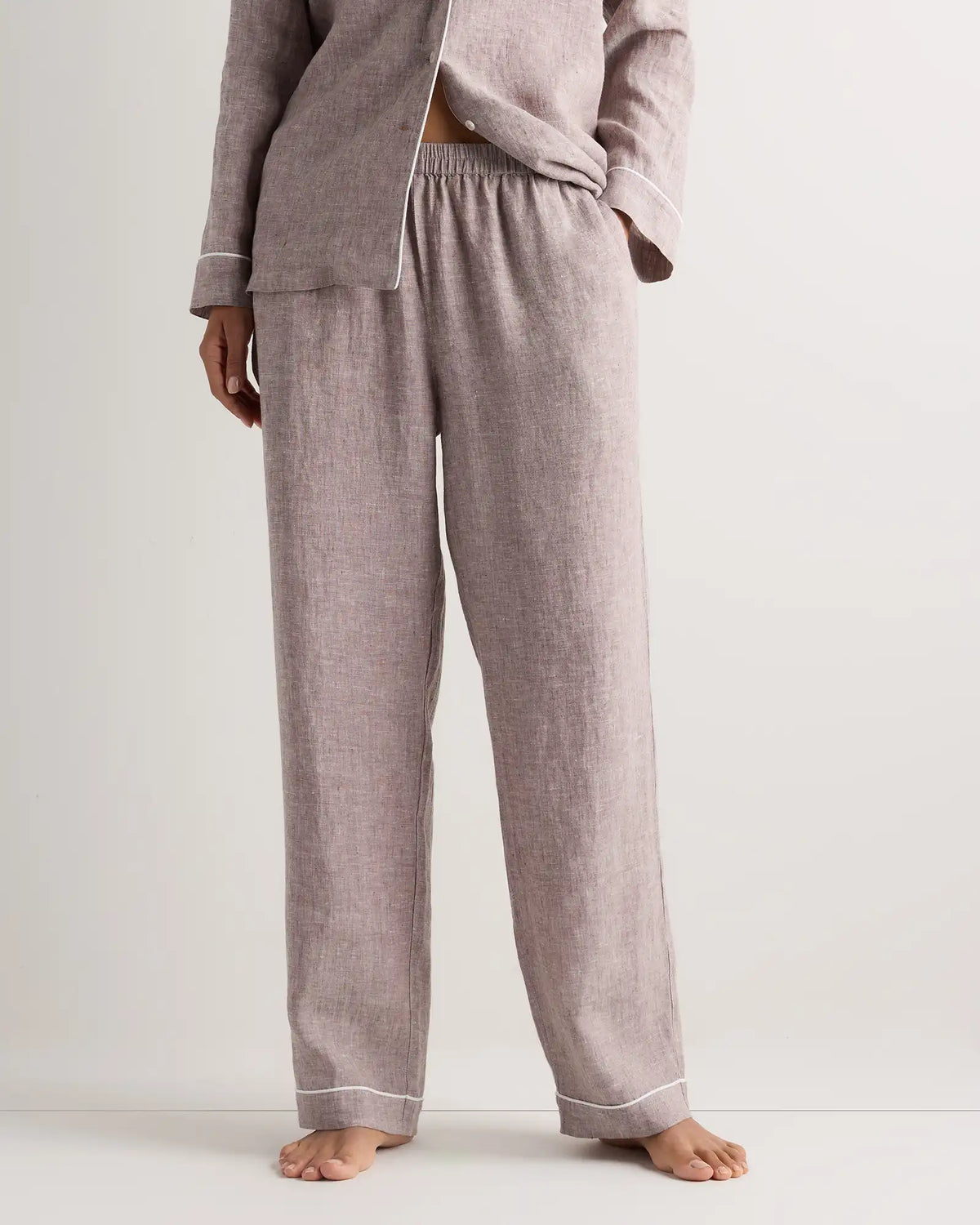 100% European Linen Long Sleeve Pajama Set with Piping