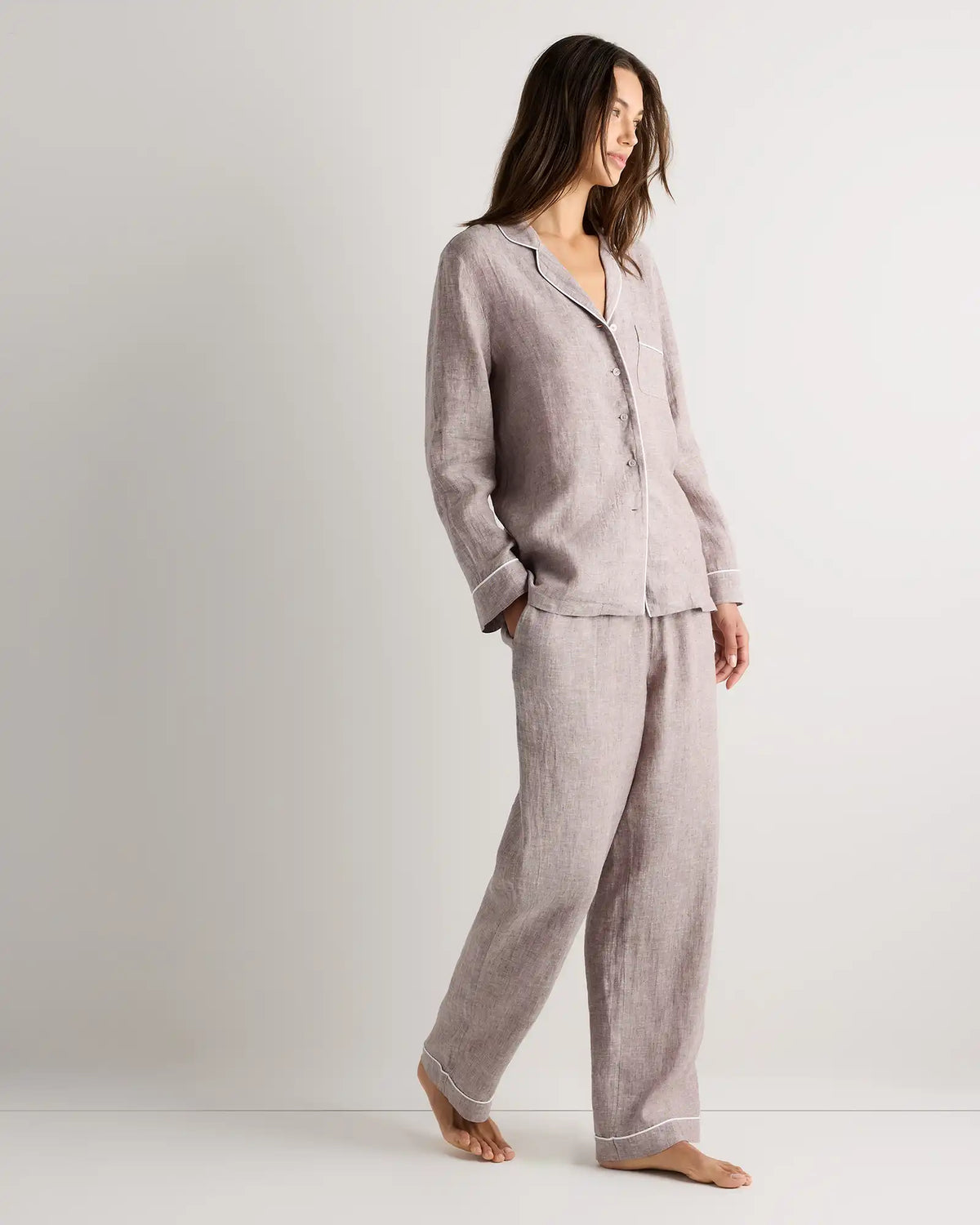 100% European Linen Long Sleeve Pajama Set with Piping