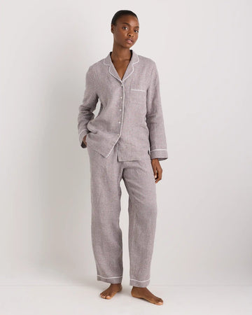 100% European Linen Long Sleeve Pajama Set with Piping