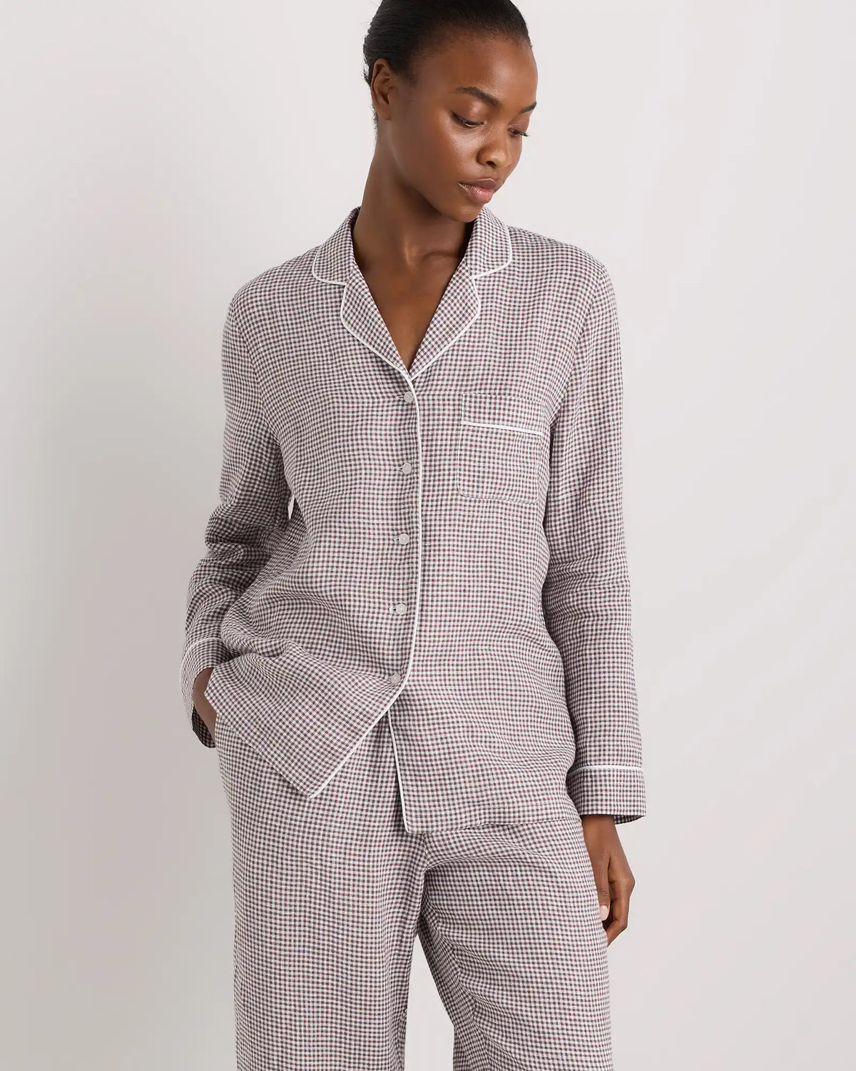 100% European Linen Long Sleeve Pajama Set with Piping