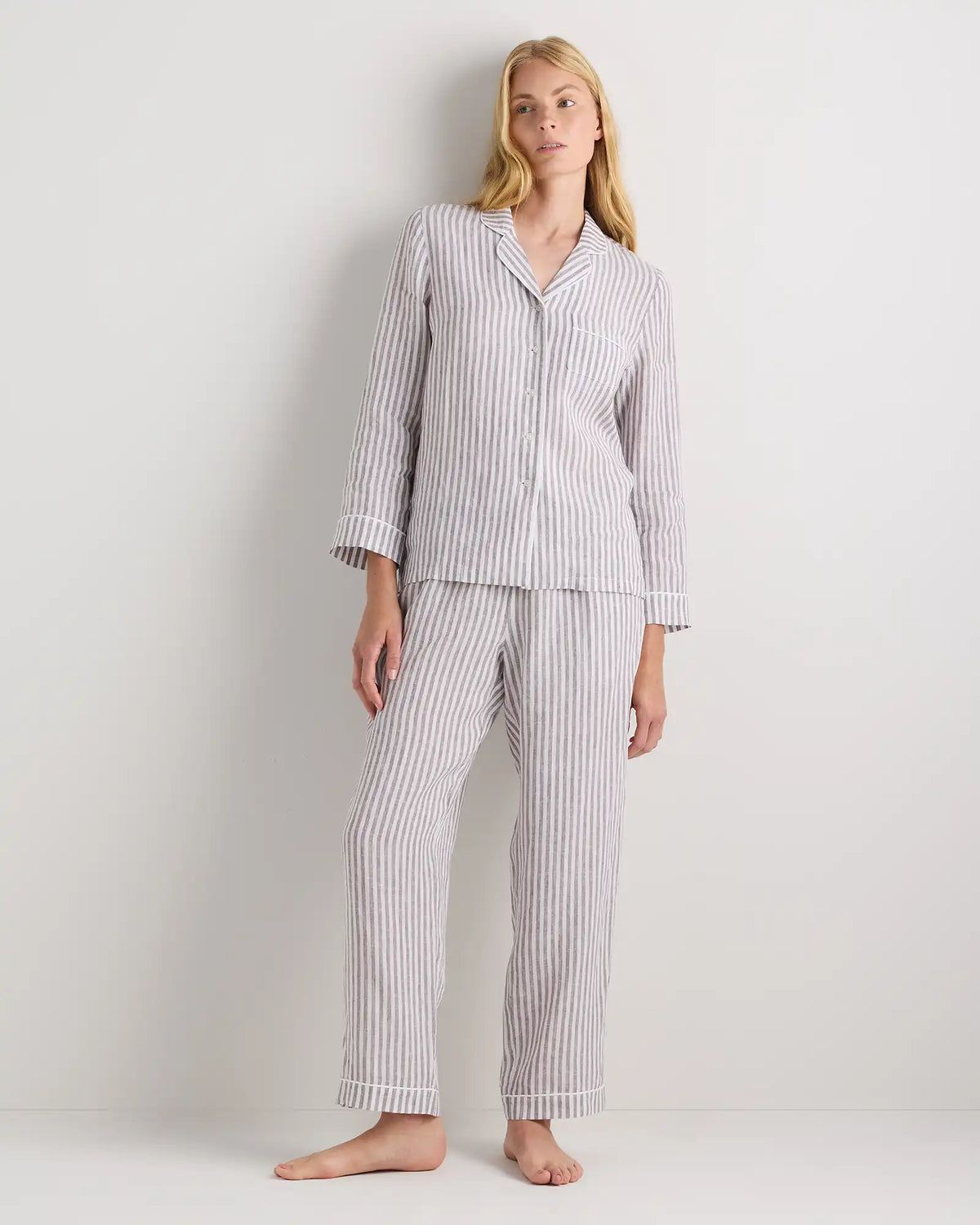 100% European Linen Long Sleeve Pajama Set with Piping