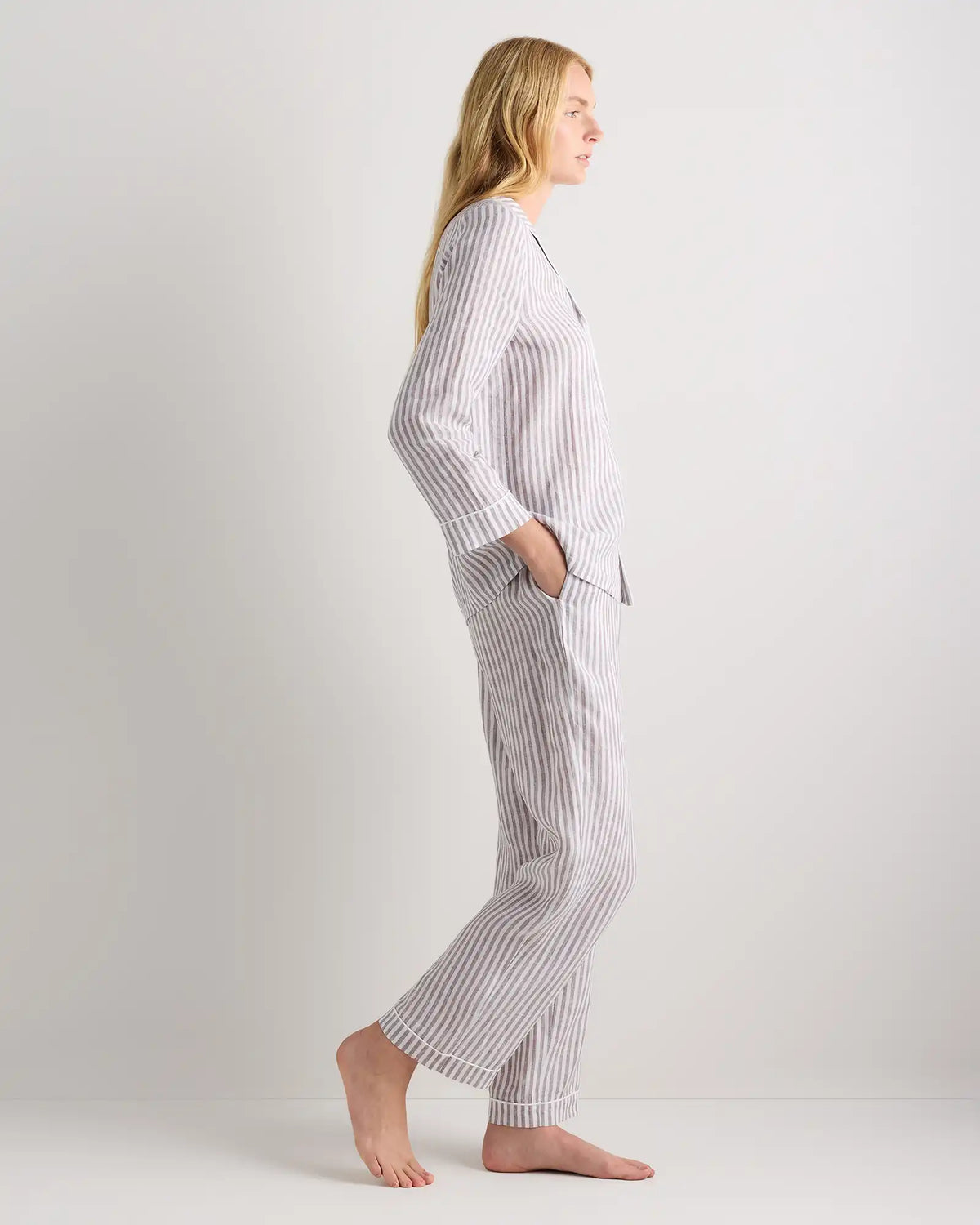 100% European Linen Long Sleeve Pajama Set with Piping