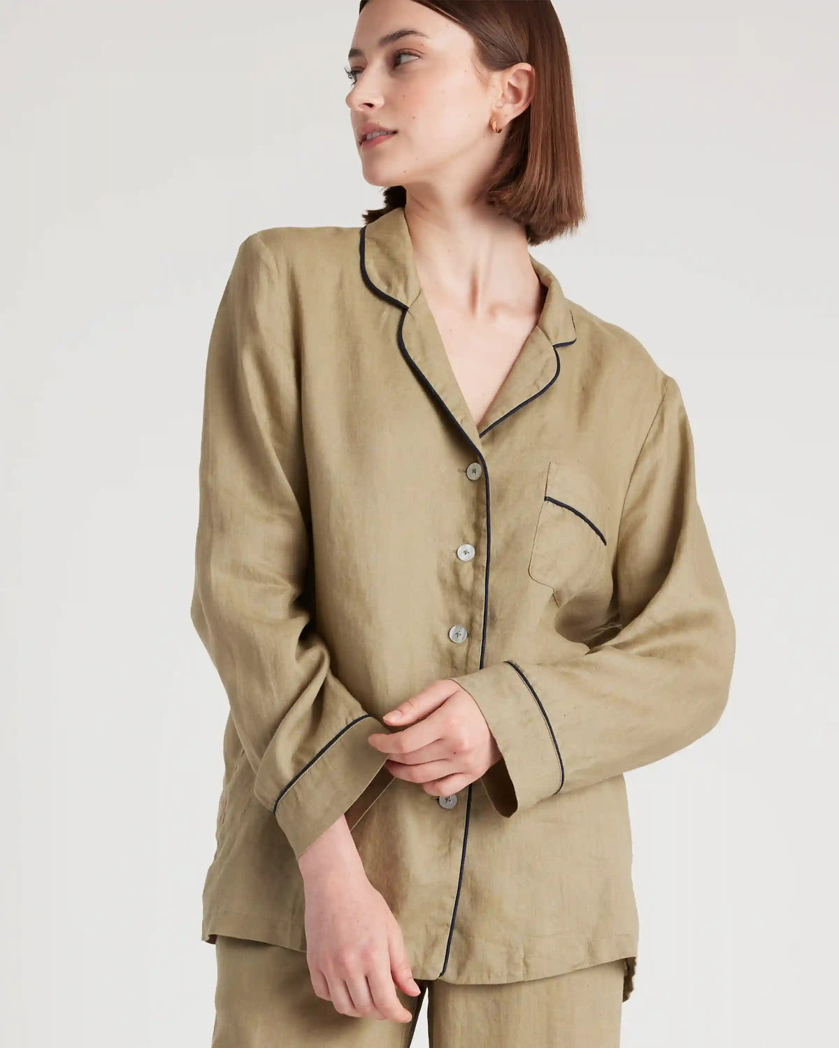 100% European Linen Long Sleeve Pajama Set with Piping