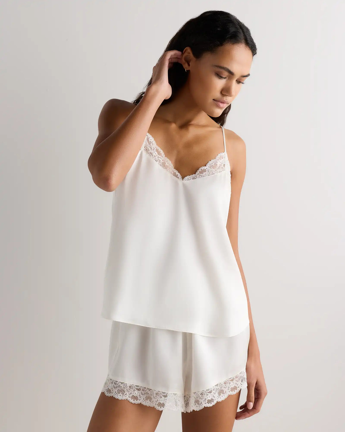 100% Washable Silk Satin Lace Cami Pajama Top