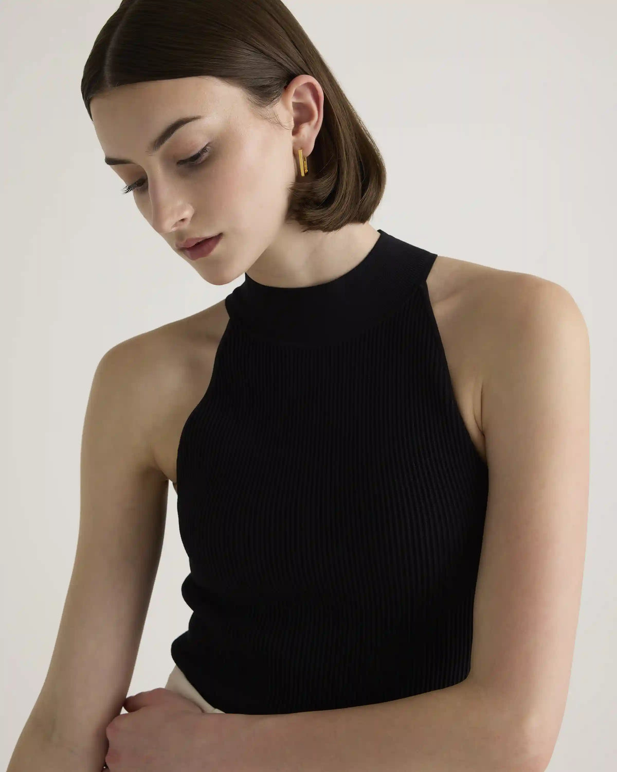 Cropped High Neck Ribbed Knit Tank