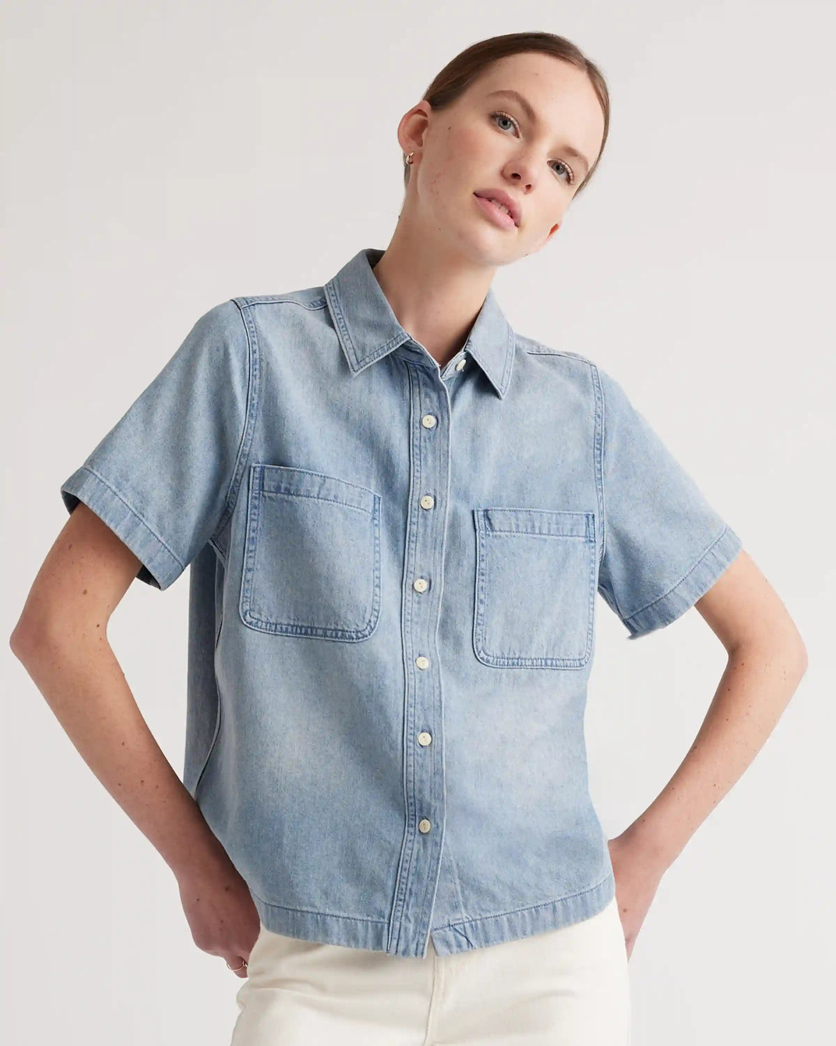 Distressed Denim Short Sleeve Shirt