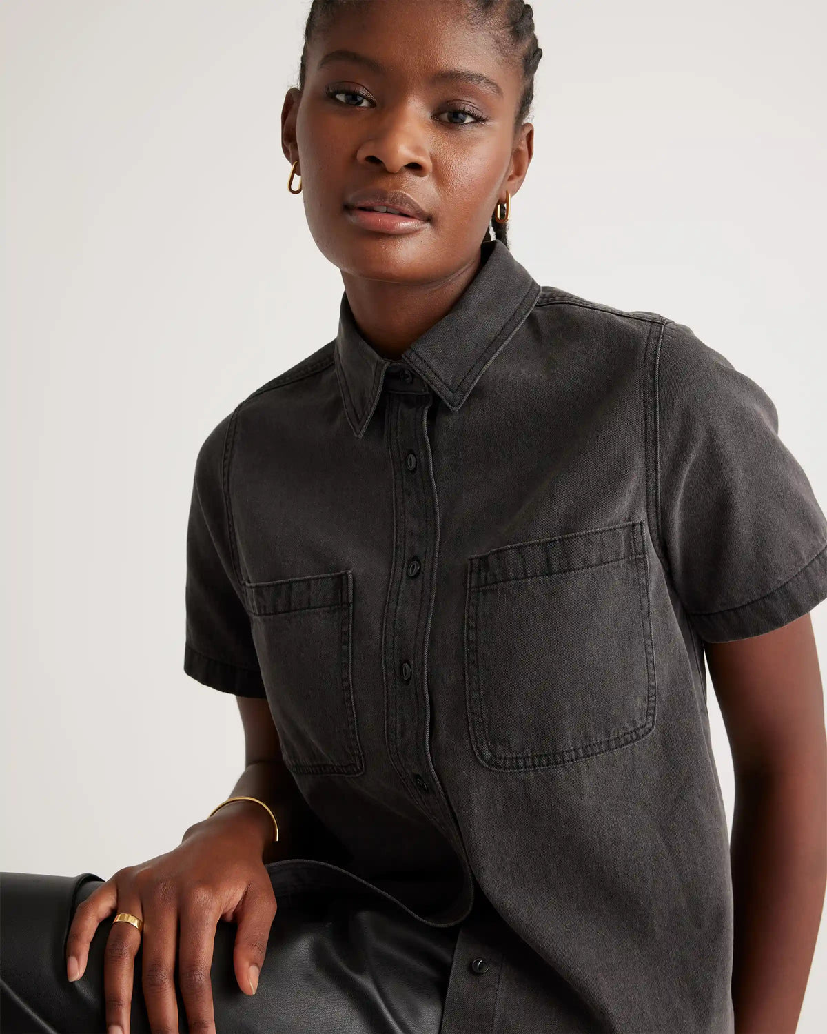 Distressed Denim Short Sleeve Shirt