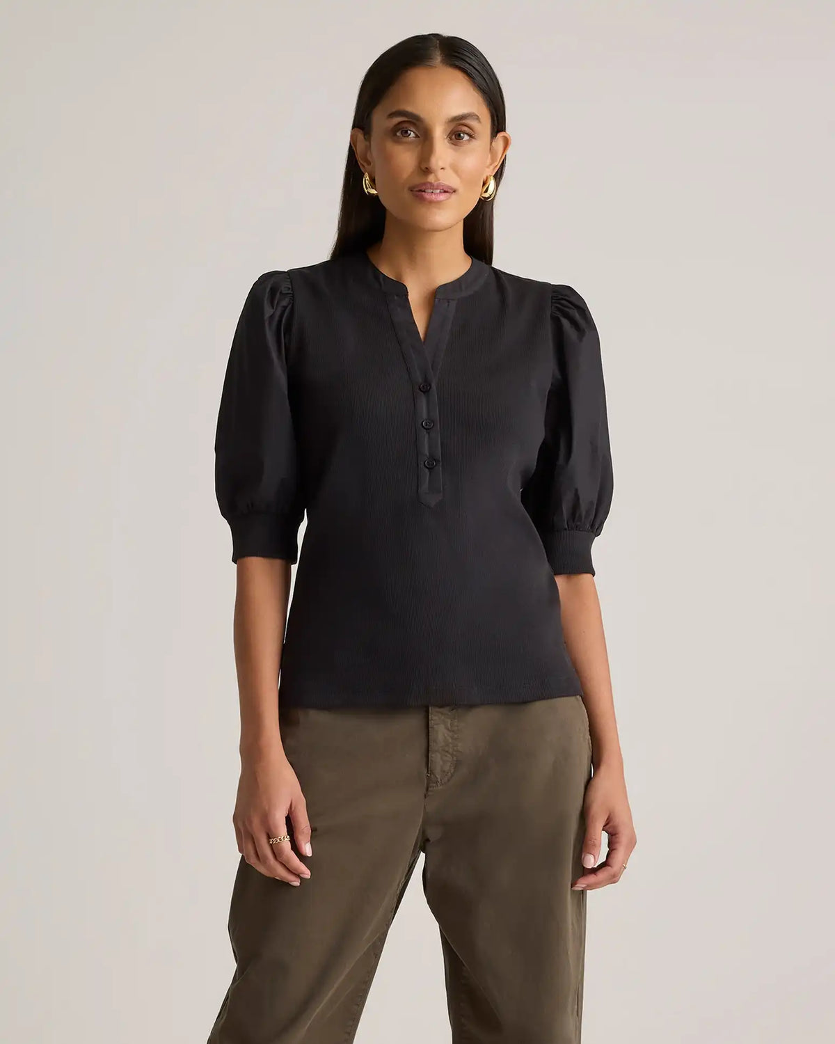 Cotton Mixed Media Puff Sleeve Top