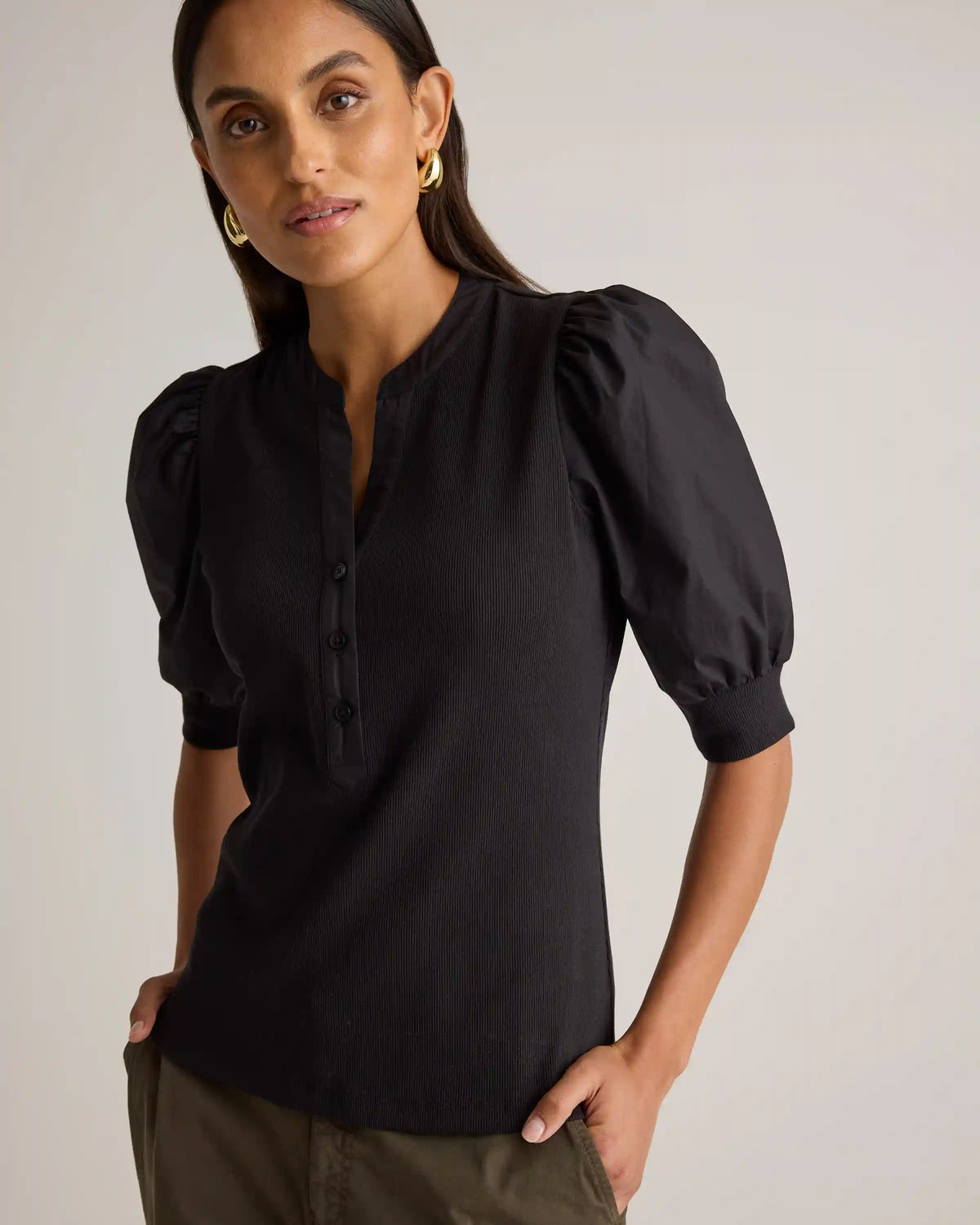 Cotton Mixed Media Puff Sleeve Top