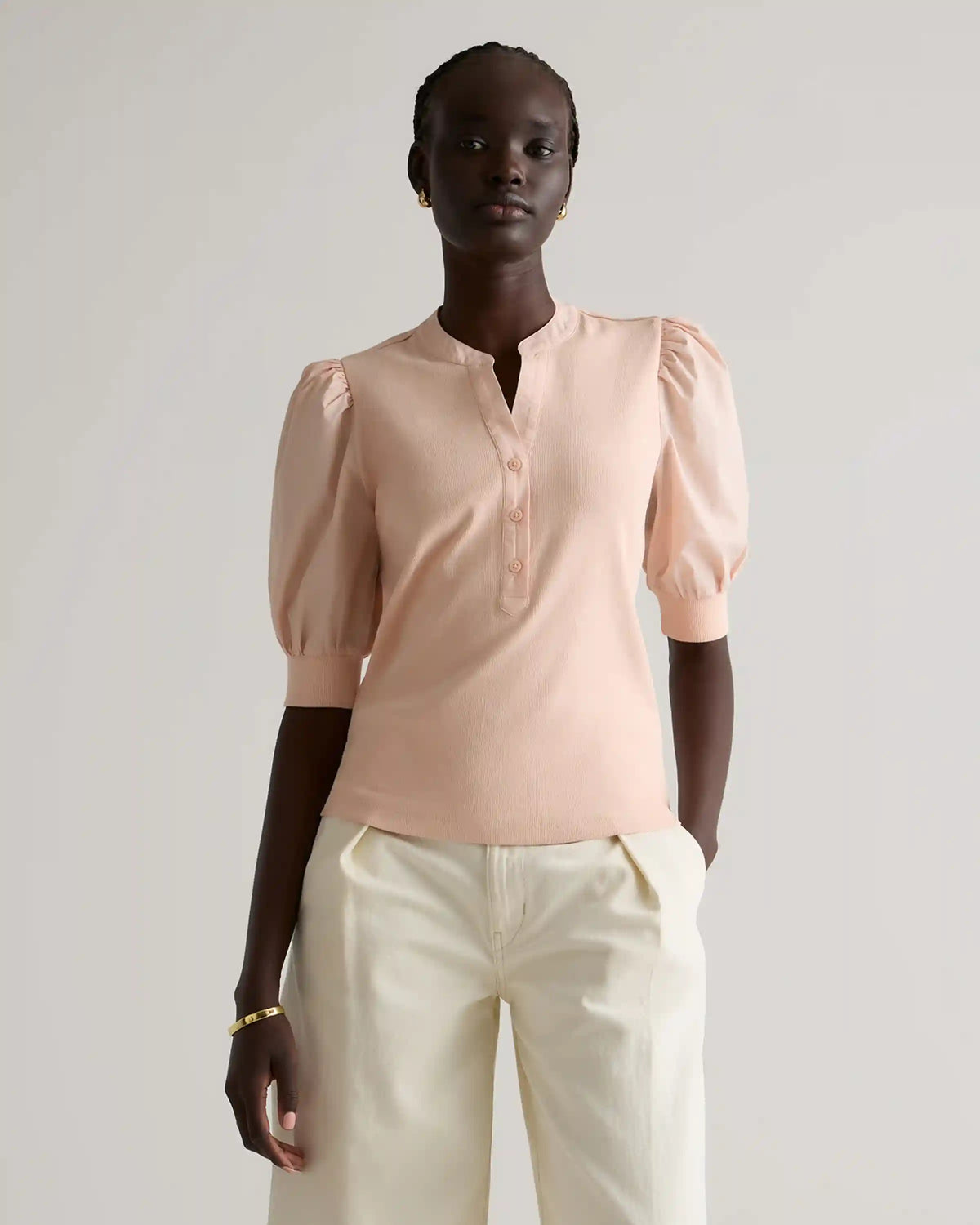 Cotton Mixed Media Puff Sleeve Top