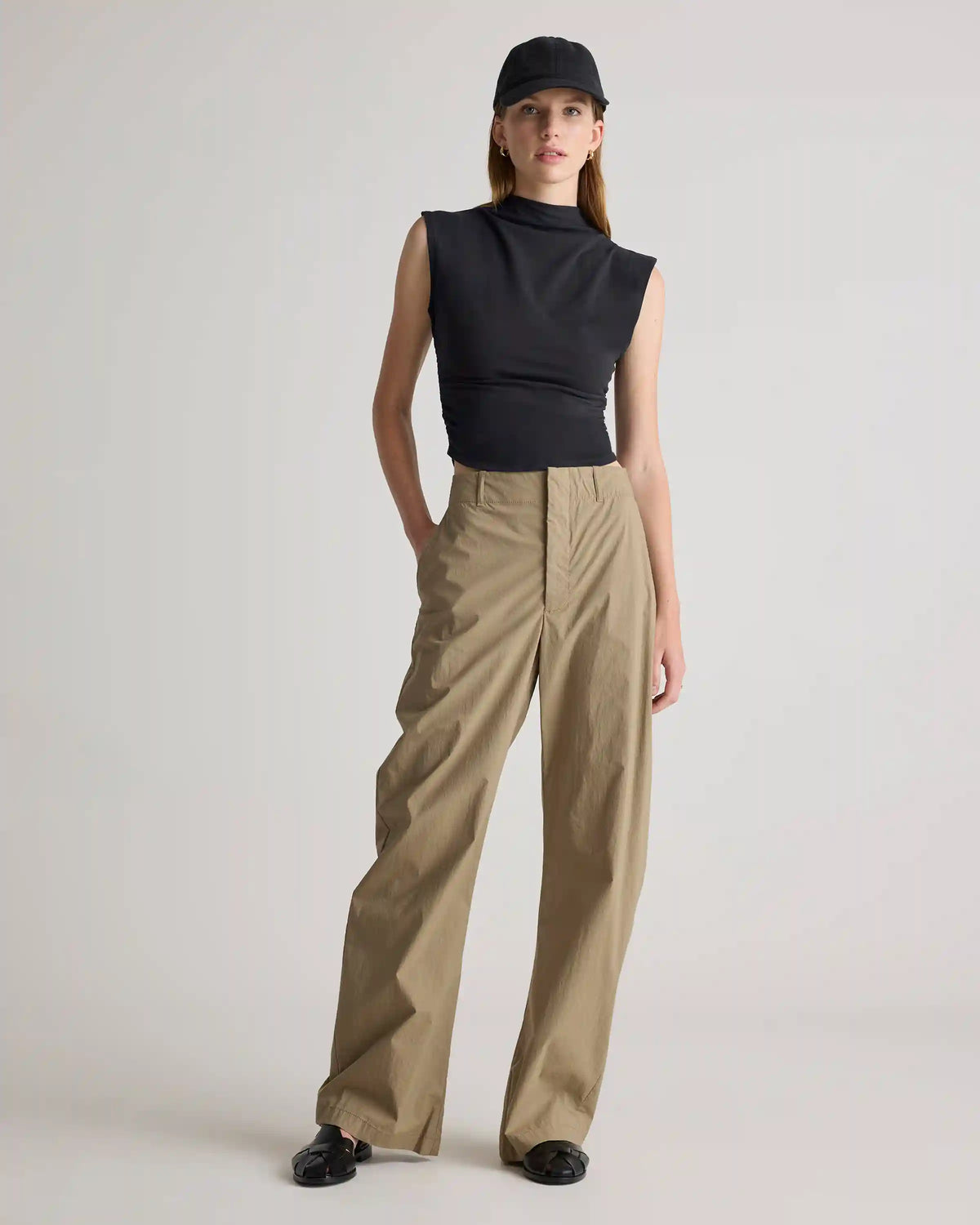 Stretch Cotton Jersey Sleeveless Mock Neck Top