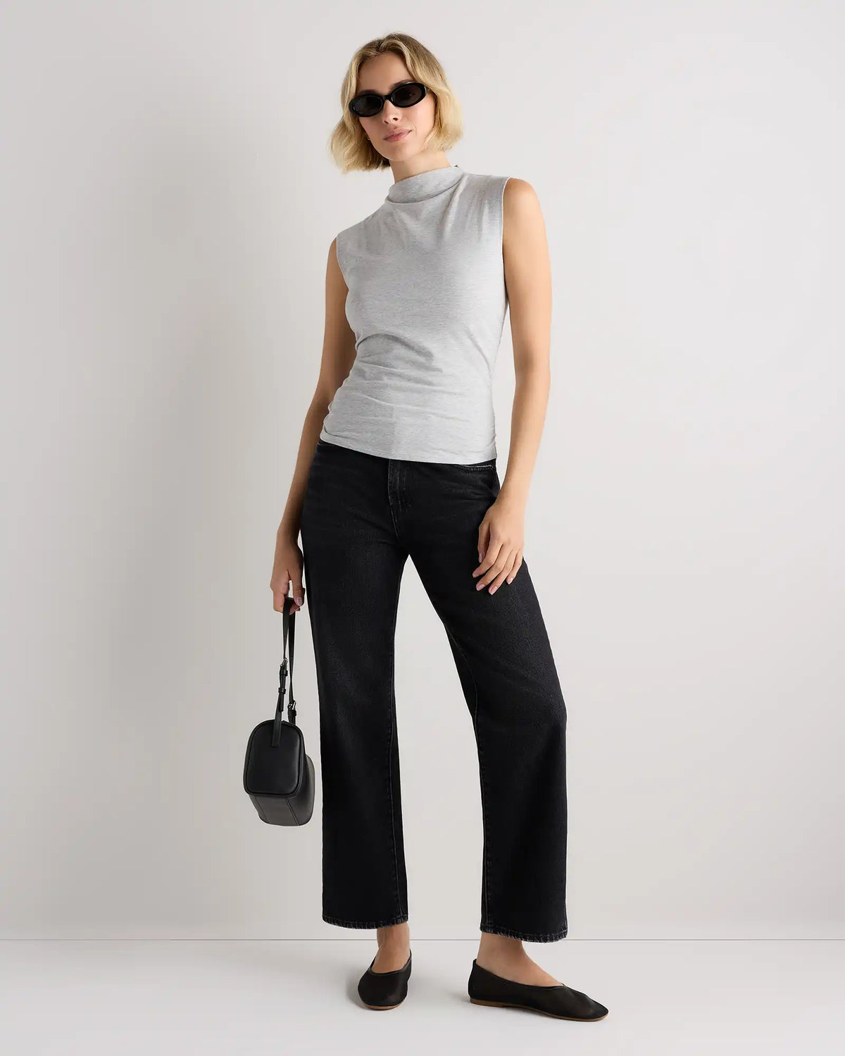Stretch Cotton Jersey Sleeveless Mock Neck Top