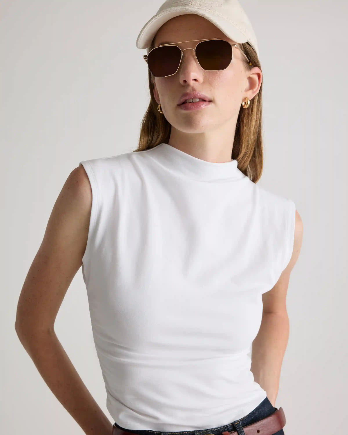 Stretch Cotton Jersey Sleeveless Mock Neck Top