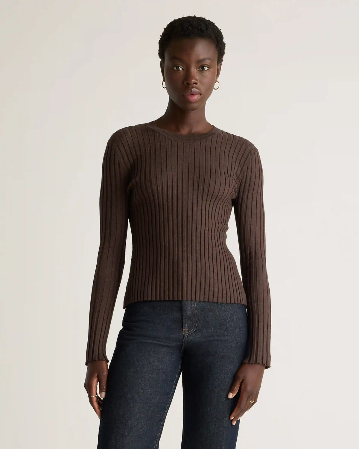 Cotton Cashmere Ribbed Long Sleeve Sweater