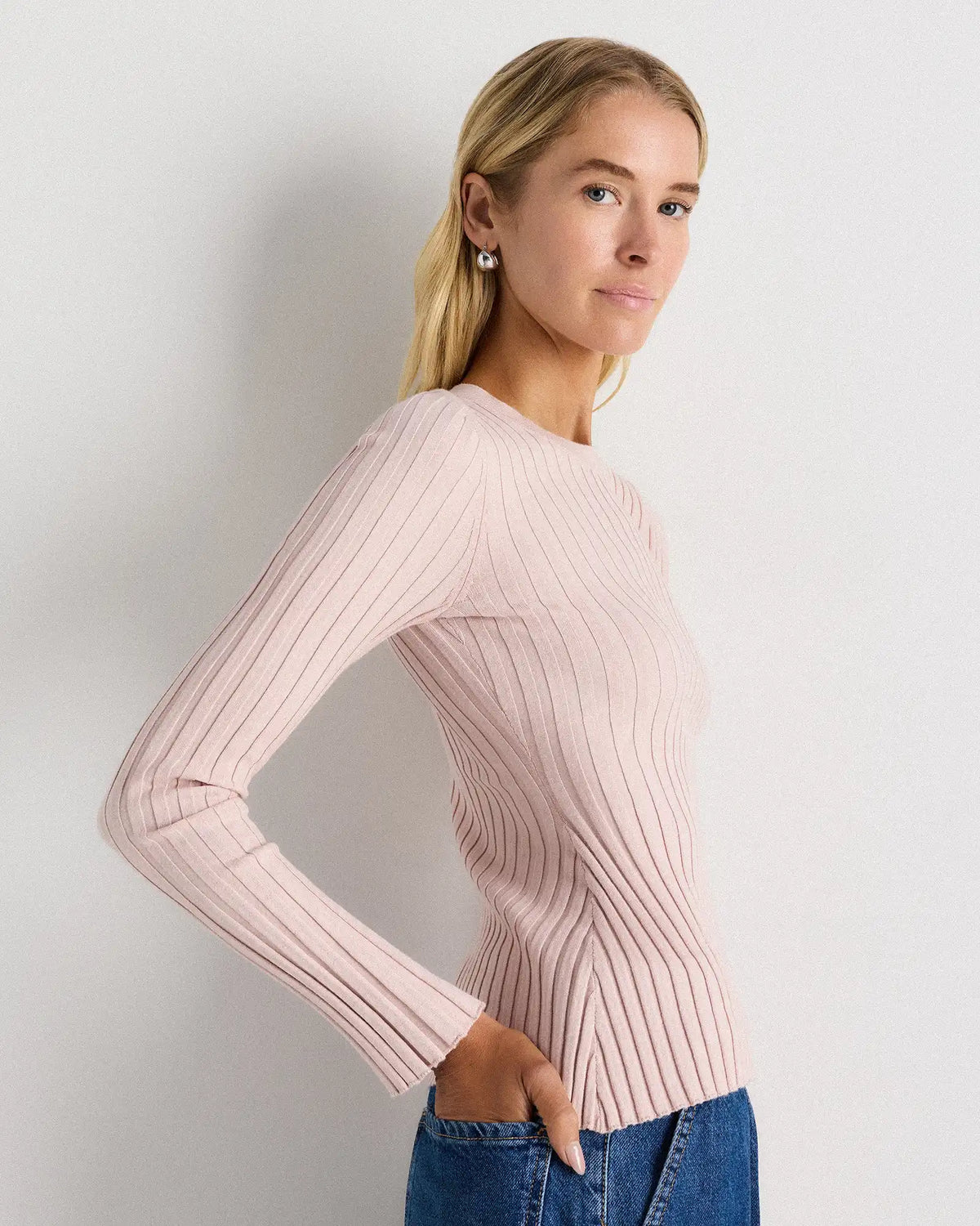 Cotton Cashmere Ribbed Long Sleeve Sweater