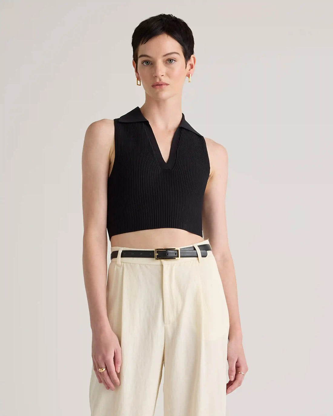 Cropped Polo Ribbed Knit Tank