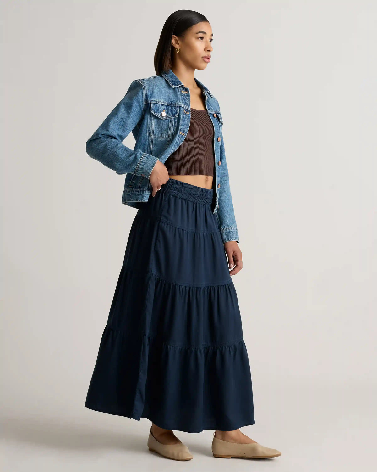 Vintage Wash Tencel Tiered Maxi Skirt