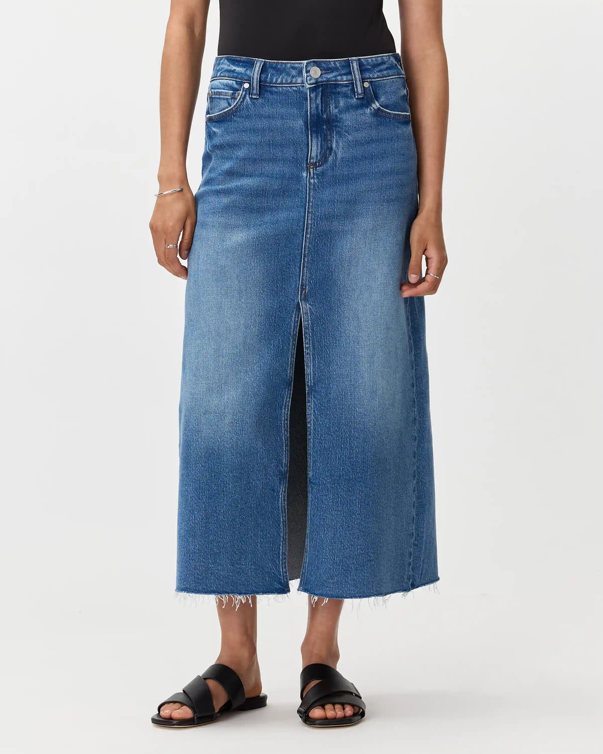 Stretch Denim 5-Pocket Midi Skirt