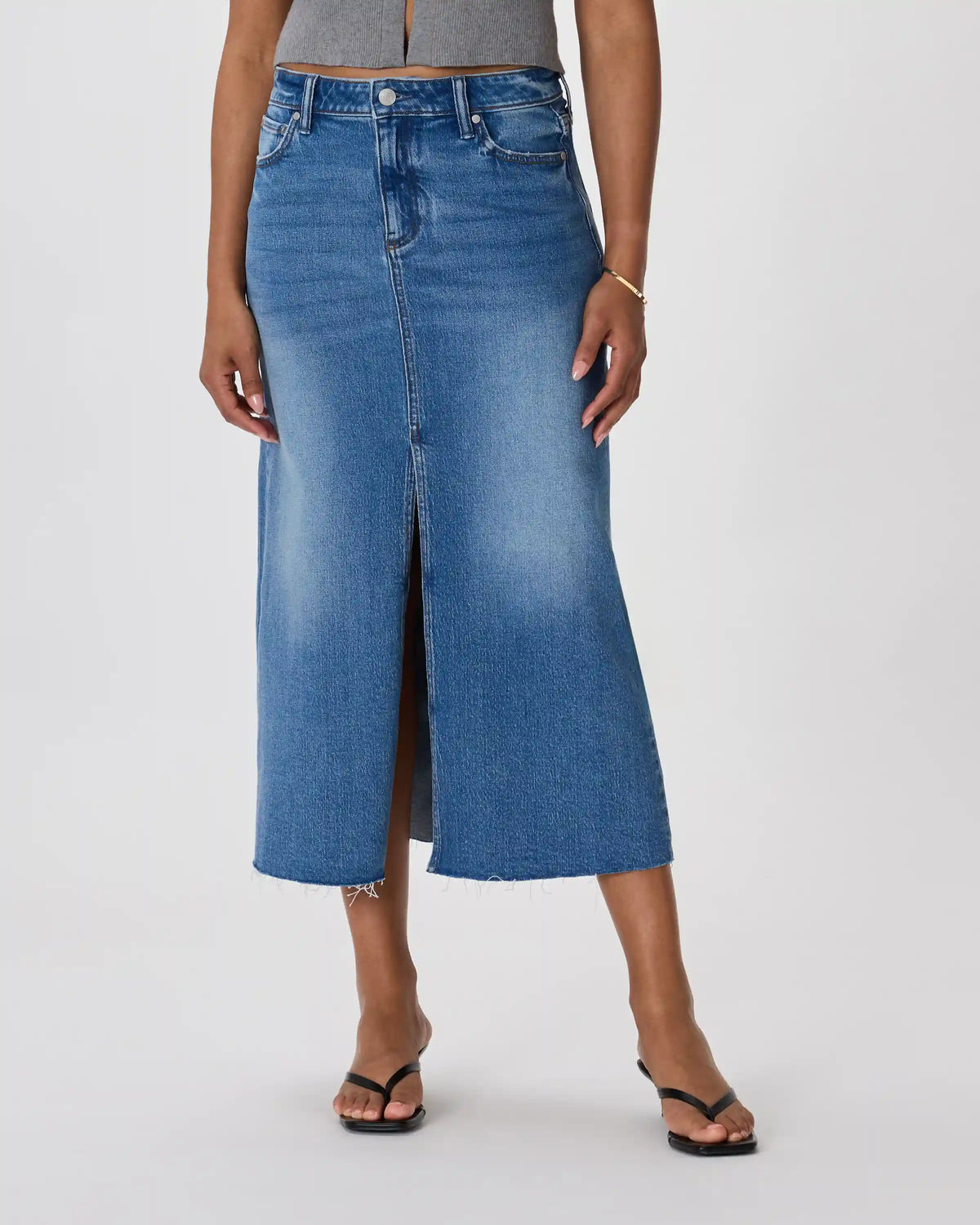 Stretch Denim 5-Pocket Midi Skirt