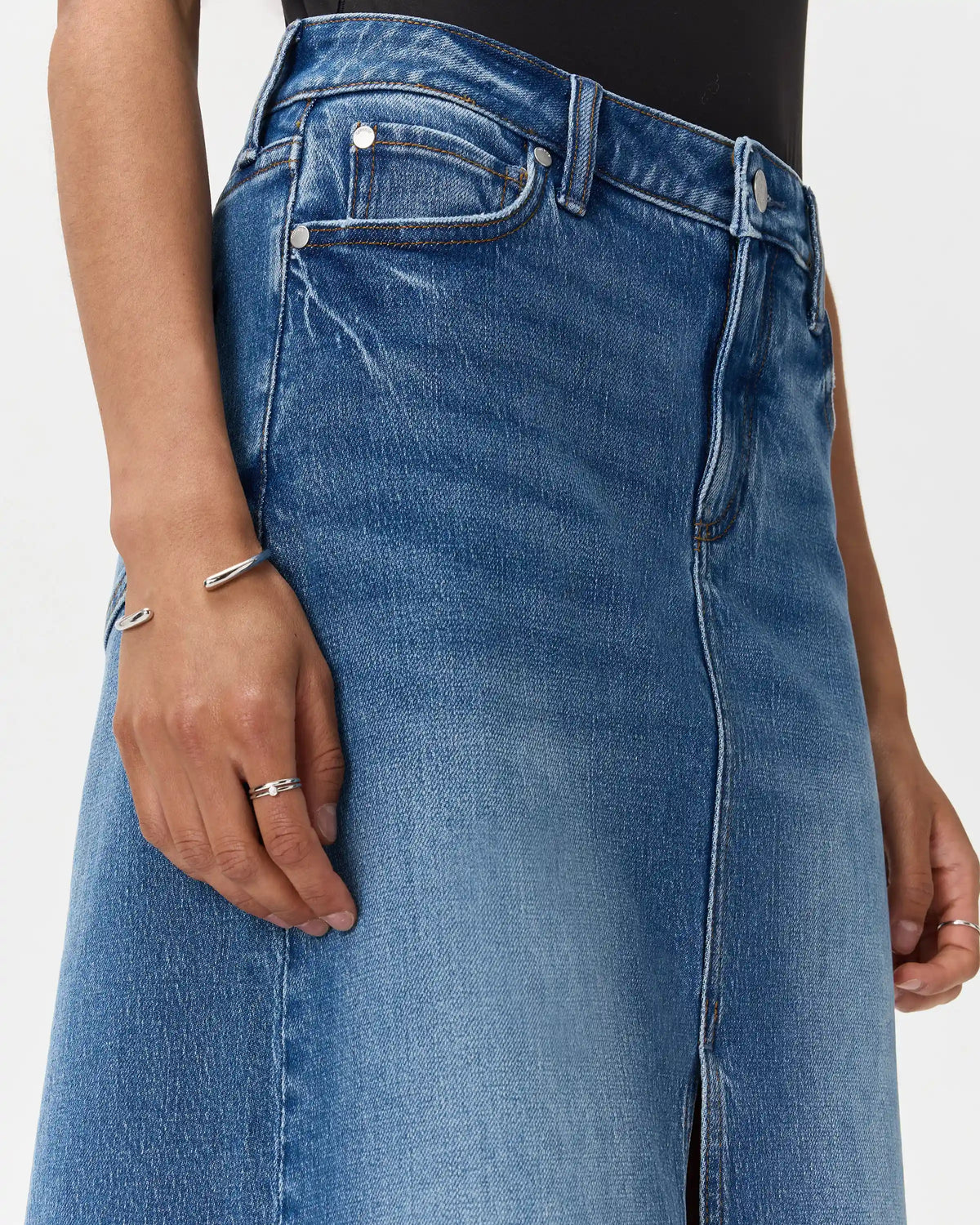 Stretch Denim 5-Pocket Midi Skirt