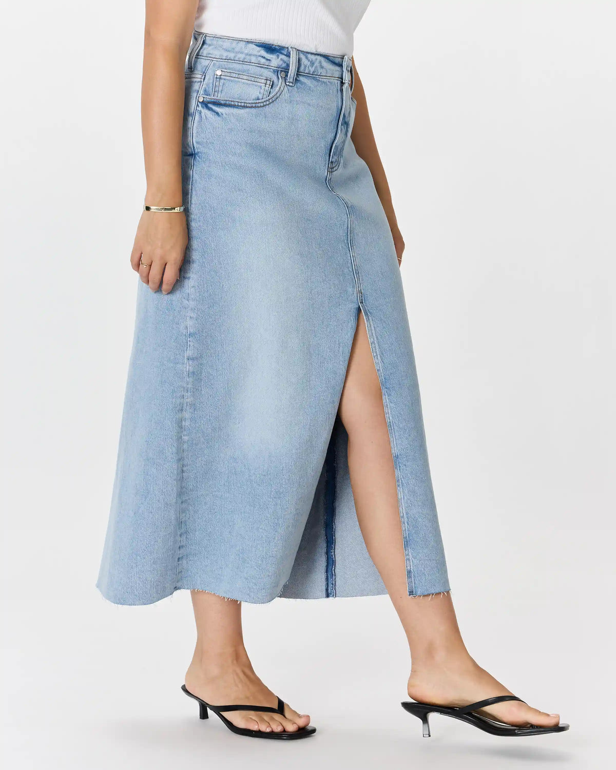 Stretch Denim 5-Pocket Midi Skirt