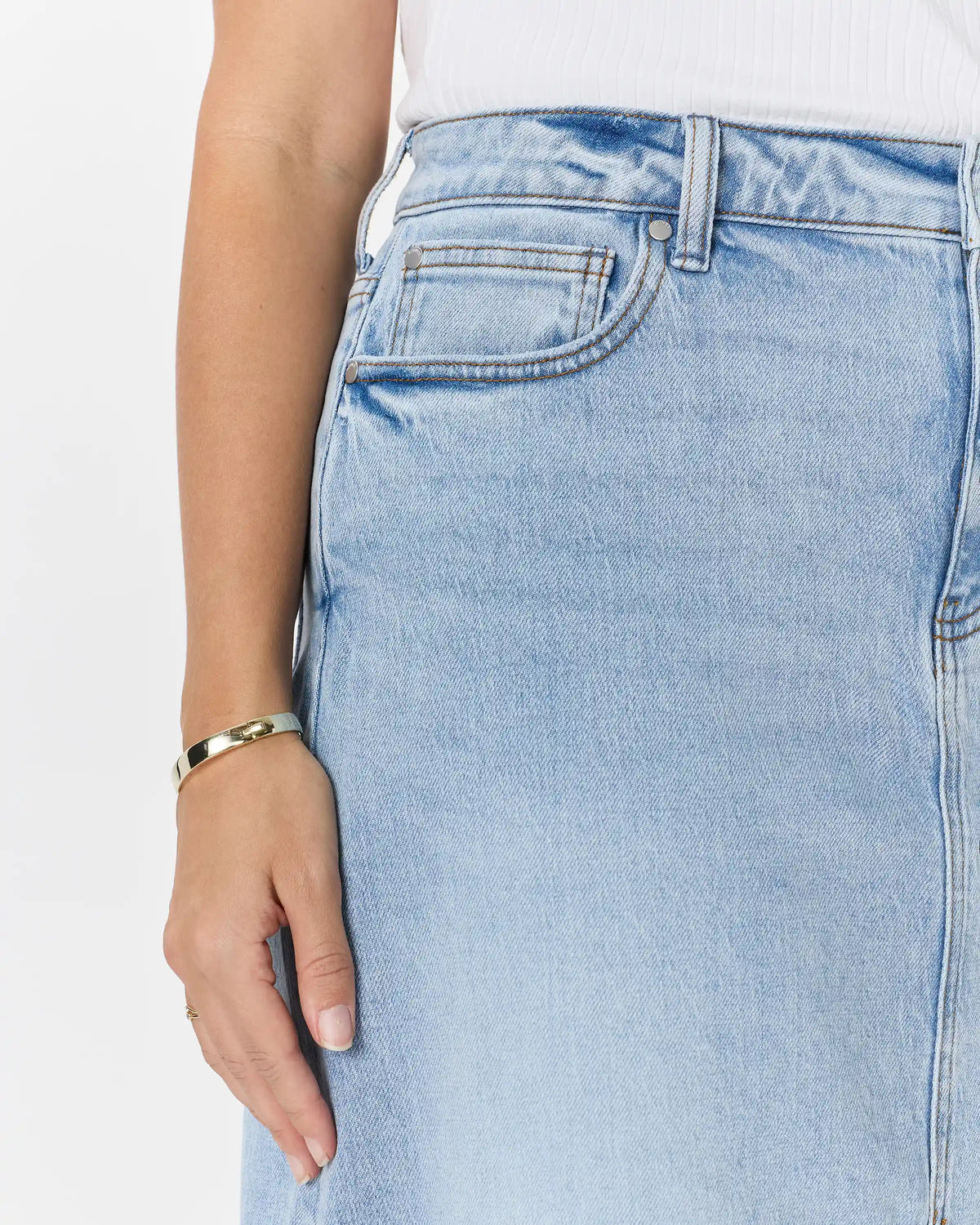 Stretch Denim 5-Pocket Midi Skirt