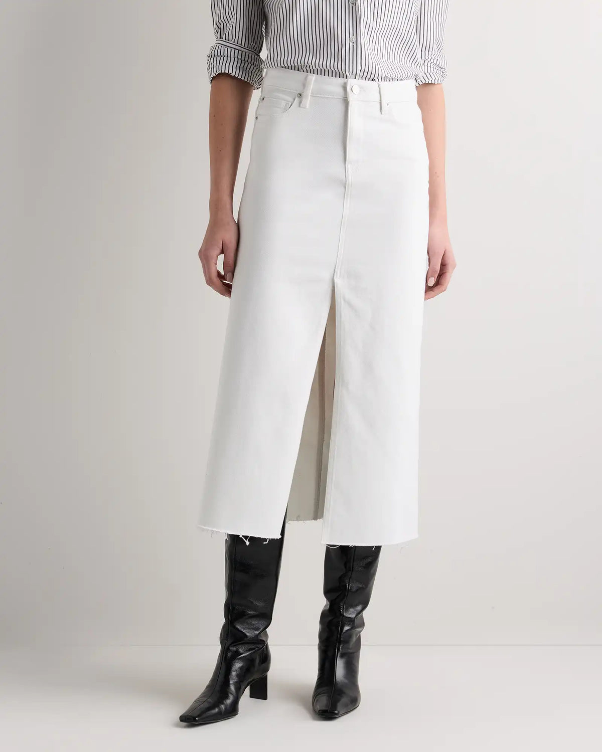 Stretch Denim 5-Pocket Midi Skirt