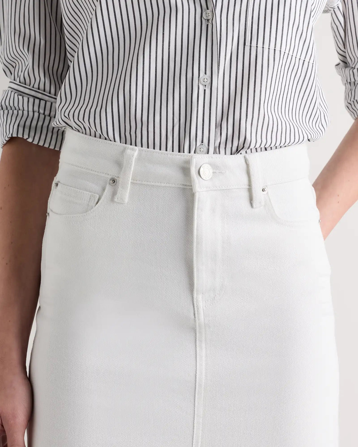 Stretch Denim 5-Pocket Midi Skirt