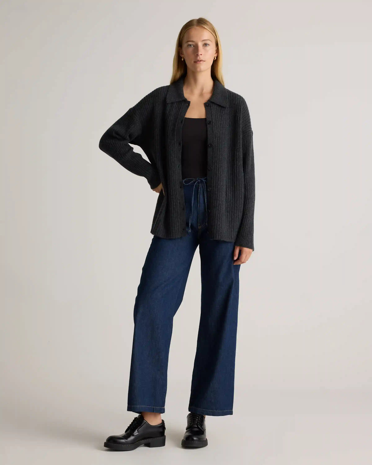 Mongolian Cashmere Wide-Rib Oversized Collared Cardigan