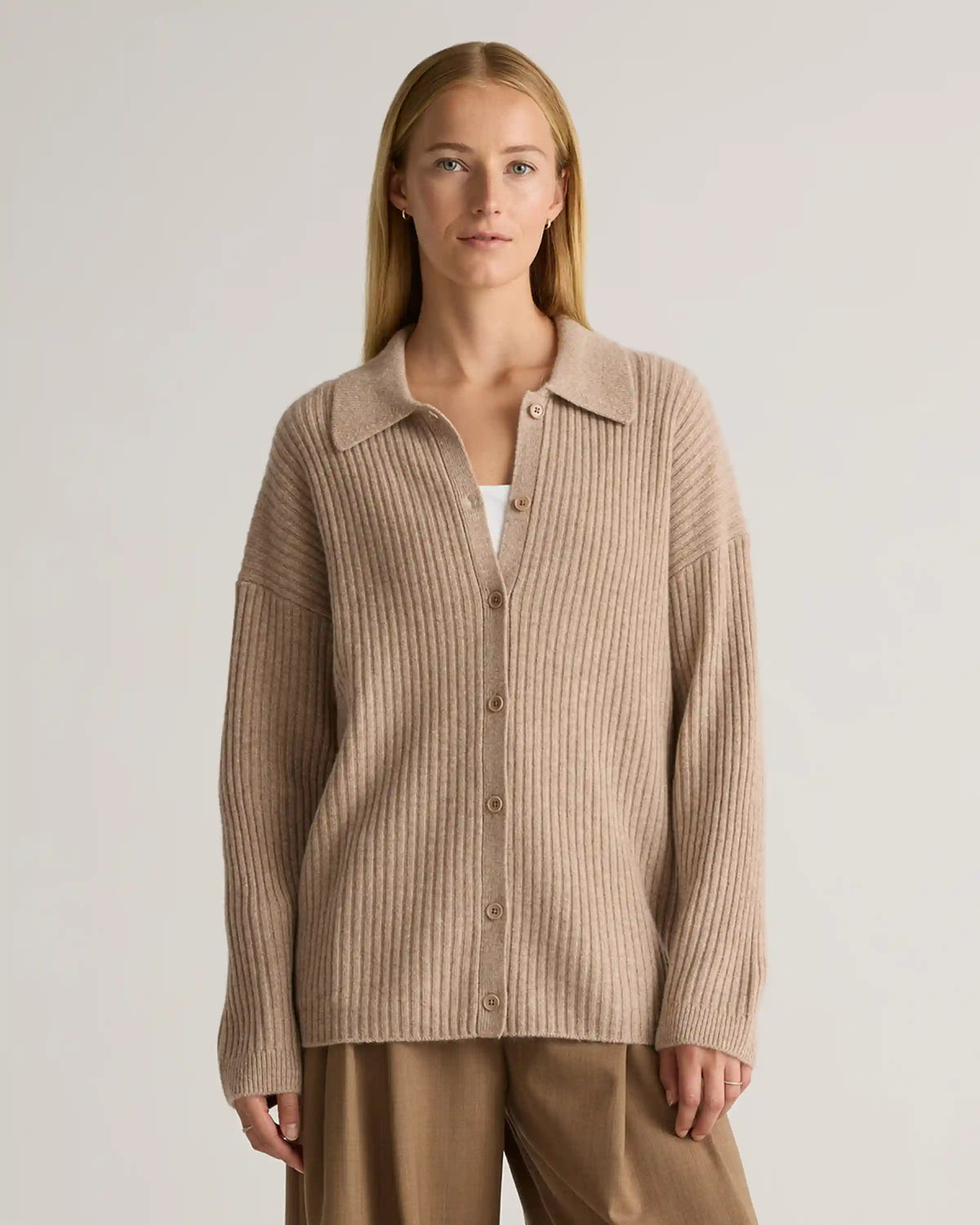 Mongolian Cashmere Wide-Rib Oversized Collared Cardigan