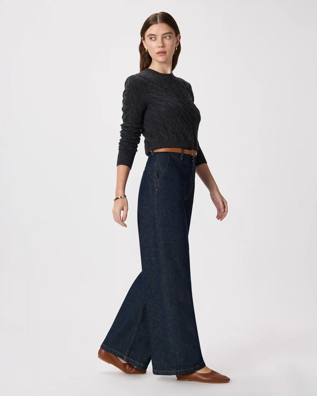Mongolian Cashmere Shrunken Cable Crewneck Sweater